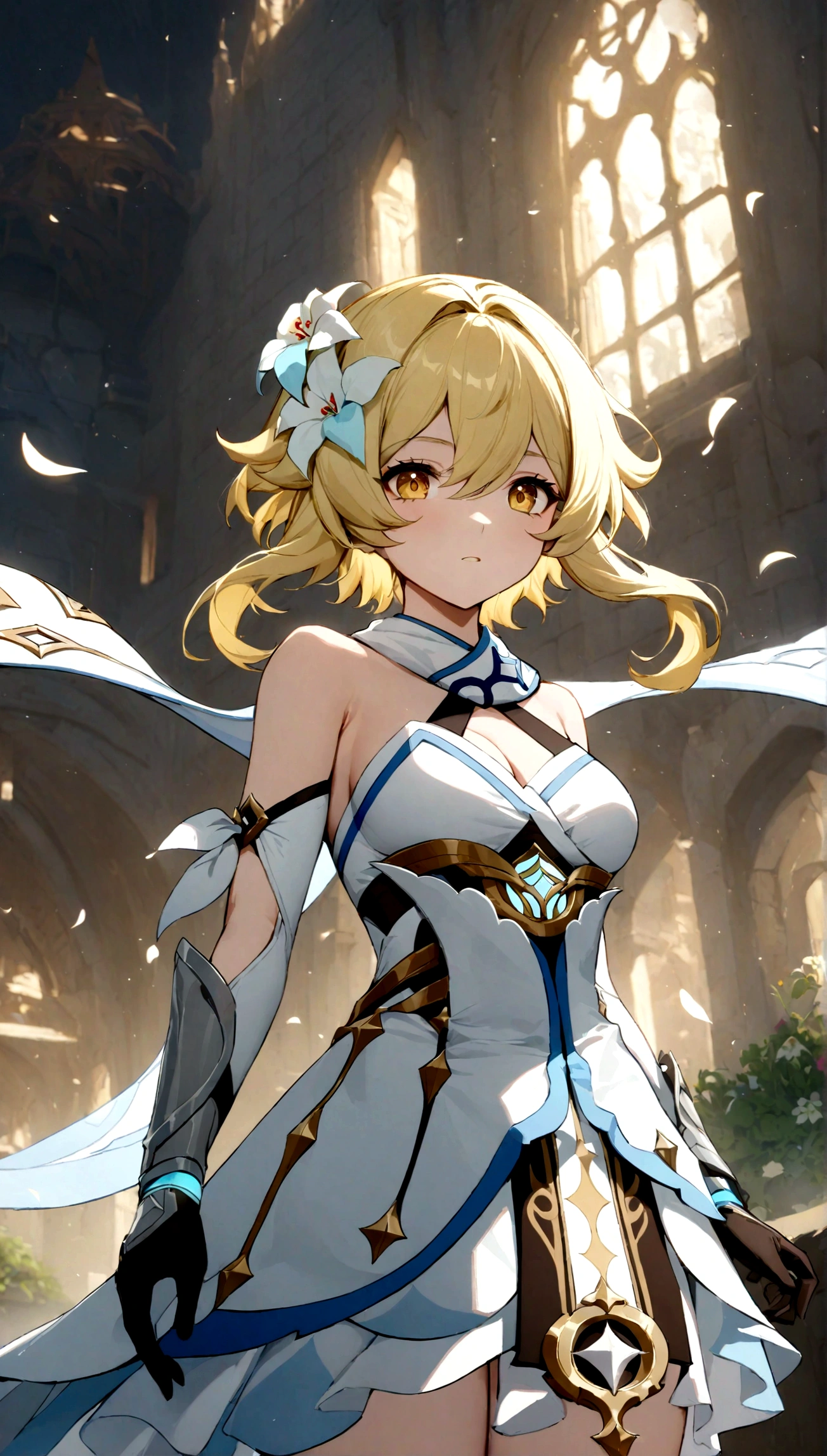 masterpiece, best quality, very aesthetic, absurdres, floating hair, floating clothes, Epic and grandiose scenes,,lumine_(genshin_impact),genshin_impact, 1girl, black_gloves, blonde_hair, breasts, cleavage, detached_sleeves, dress, flower, gloves, hair_flower, hair_ornament, medium_breasts, short_hair_with_long_locks, sidelocks, sleeveless, sleeveless_dress, vambraces, white_dress, white_flower, yellow_eyes,,in a castle