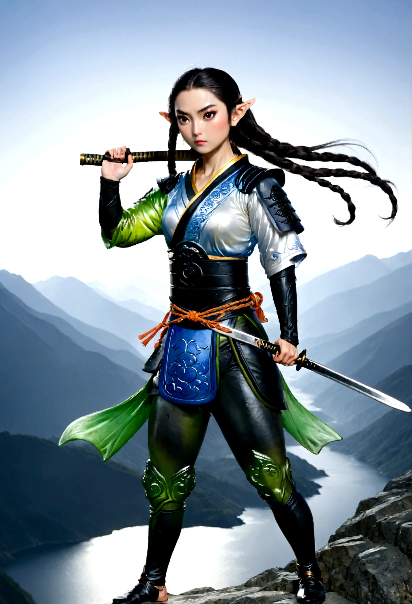 ((water color art: 1.5)), fantasy art, RPG art, dark fantasy art, a female elf samurai, ready to battle, she wears traditional samurai armor, armed with a katana, she stands on top of the mountain at dawn, exquisite beautiful female elf, long hair, black hair, straight hair, braided hair, black eyes, intense eyes, small pointed ears, fantasy mountain top at dawn background, moon, stars, clouds, god rays, soft natural light silhouette, dynamic angle, photorealism, panoramic view, ultra best realistic, best details, 16k, [ultra detailed], masterpiece, best quality, (extremely detailed), photorealism, depth of field,