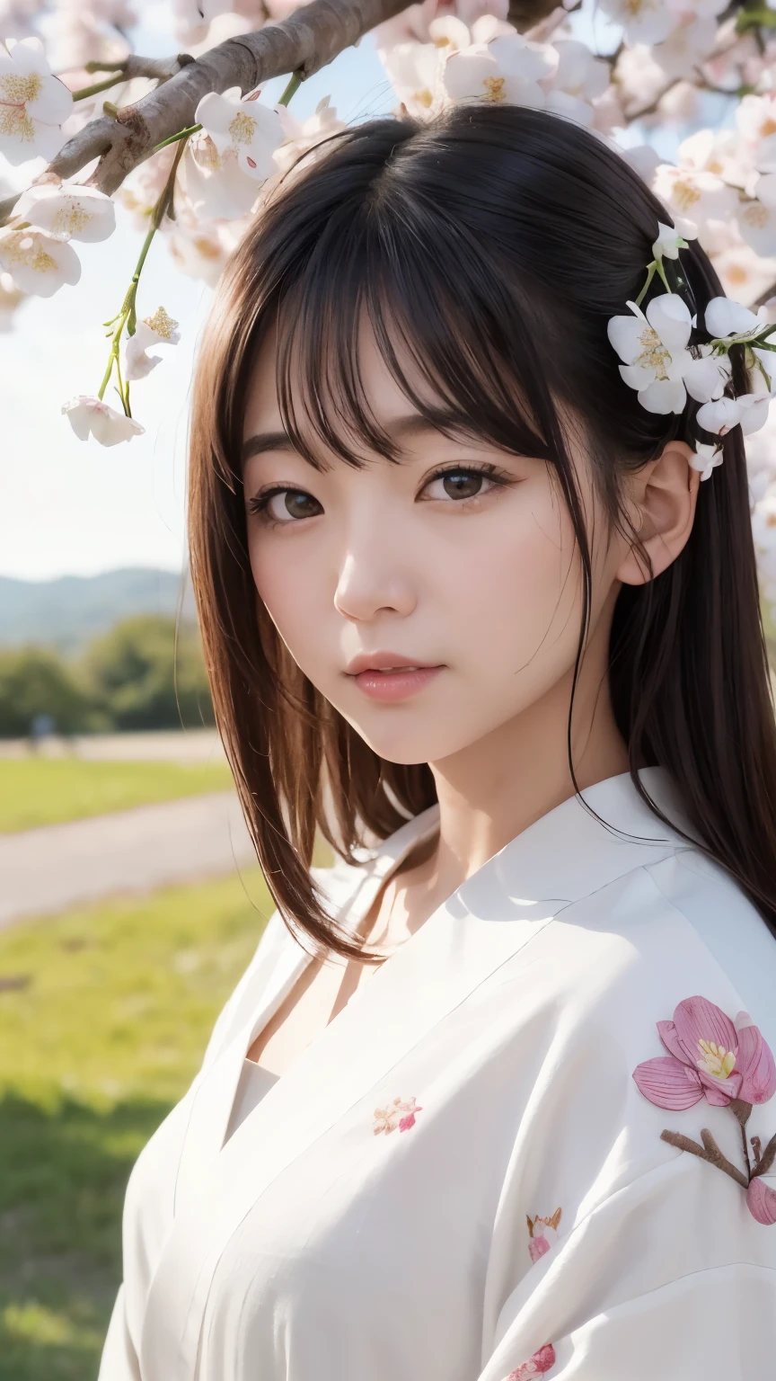 (logo、masterpiece、8k、Tabletop、RAW Photos、wonderful、最high quality、Realistic、Very detailed CG 統合 8k 壁紙、high quality、Very detailed、Narrative poem、Particle Effects、Dynamic Effects、Written boundary depth、Cinematic Light、Lens flare、Ray Tracing)、Fantasy、 (1 Beauty、White kimono、Japanese Clothing、White cherry blossom pattern、White cherry blossom embroidery pattern、Black-haired、Beautiful Face、True Face、Beautiful details in the eyes、Beautiful Skin)、Hair flutters in Wind、Hair bounces、Pink cherry blossom tree、Petals flutter、SakuraFubuki、wonderful景色、Morning Glow、Sun in the background、Wind、god々、teeth、god話、Vast land、