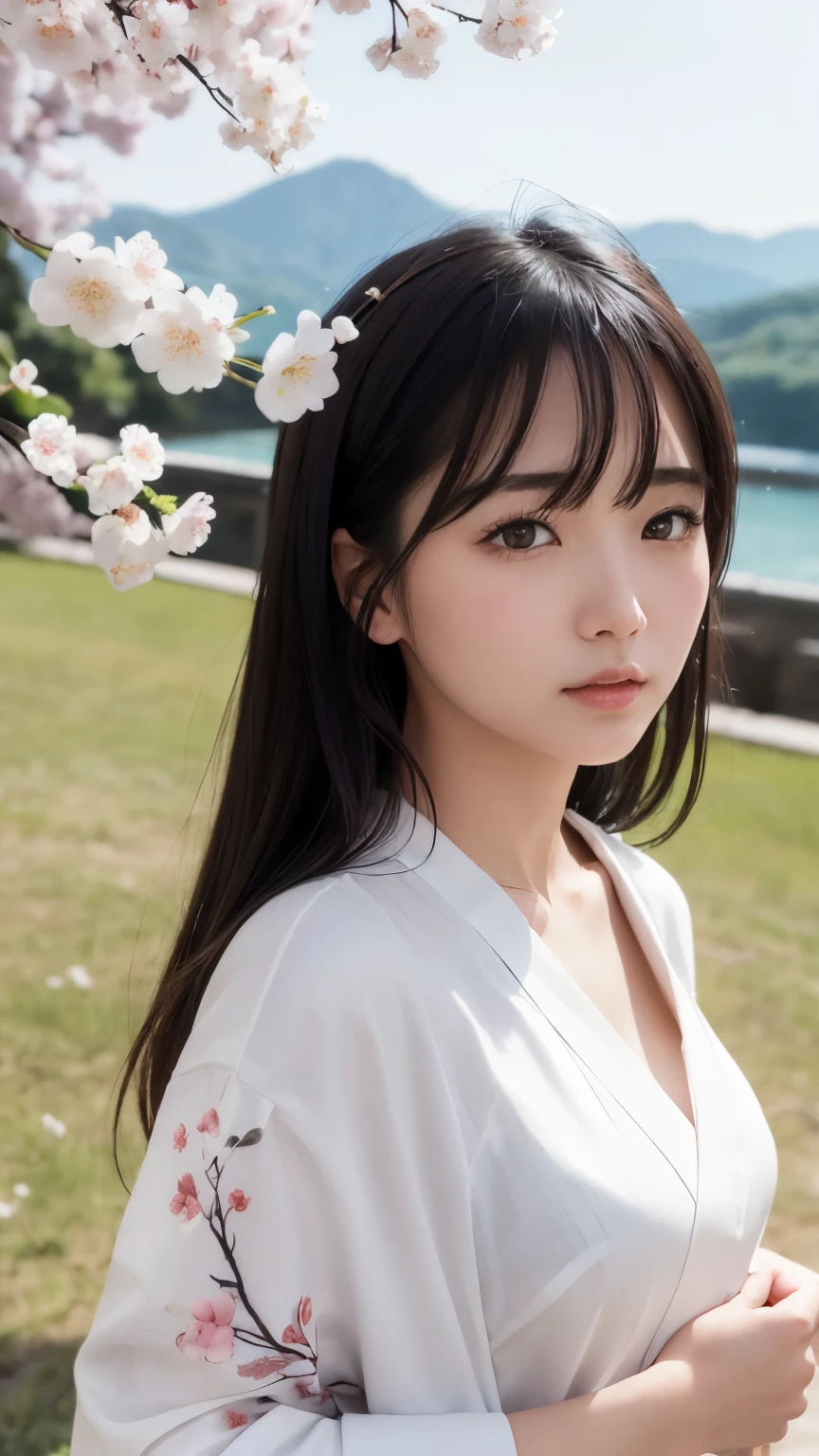 (logo、masterpiece、8k、Tabletop、RAW Photos、wonderful、最high quality、Realistic、Very detailed CG 統合 8k 壁紙、high quality、Very detailed、Narrative poem、Particle Effects、Dynamic Effects、Written boundary depth、Cinematic Light、Lens flare、Ray Tracing)、Fantasy、 (1 Beauty、White kimono、Japanese Clothing、White cherry blossom pattern、White cherry blossom embroidery pattern、Black-haired、Beautiful Face、True Face、Beautiful details in the eyes、Beautiful Skin)、Hair flutters in Wind、Hair bounces、Pink cherry blossom tree、Petals flutter、SakuraFubuki、wonderful景色、Morning Glow、Sun in the background、Wind、god々、teeth、god話、Vast land、