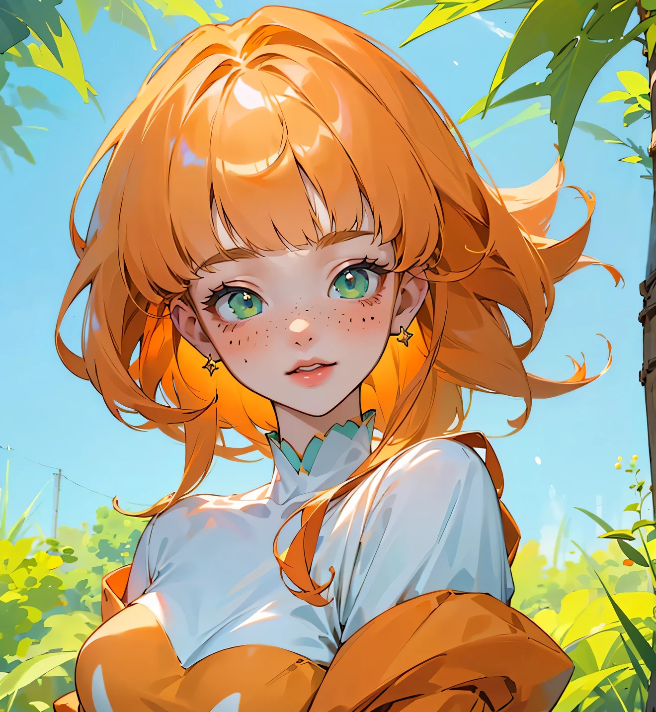 ((best quality)), ((masterpiece)), (detailed), 1 girl, white woman, big, bright green eyes, freckles on her face, long straight orange hair, orange bangs, colorful and casual clothes , in the middle of nature, view of the body from the torso up wearing a cute dress anime animation style