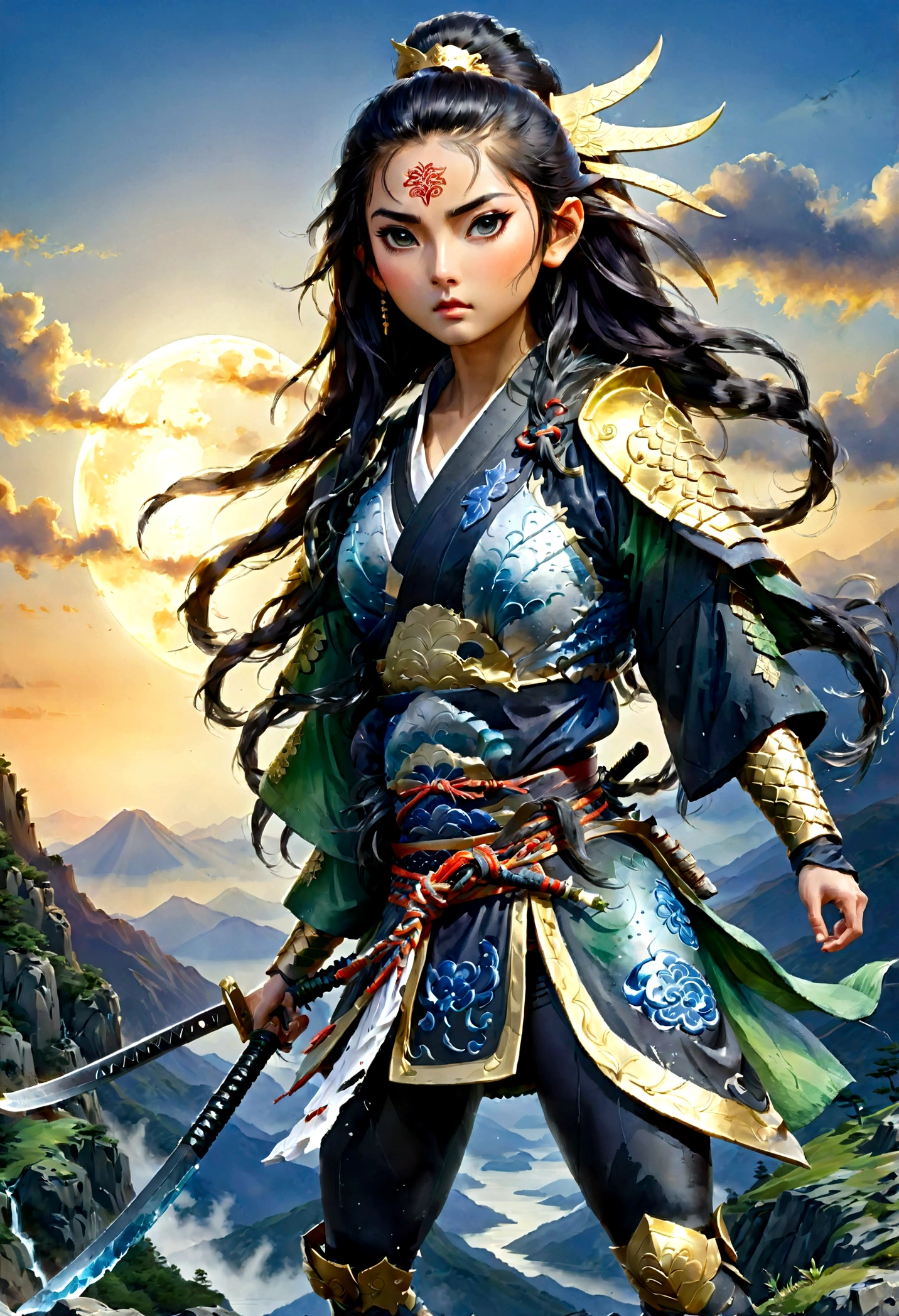 ((water color art: 1.5)), fantasy art, RPG art, dark fantasy art, a female elf samurai, ready to battle, she wears traditional samurai armor, armed with a katana, she stands on top of the mountain at dawn, exquisite beautiful female elf, long hair, black hair, straight hair, braided hair, black eyes, intense eyes, small pointed ears, fantasy mountain top at dawn background, moon, stars, clouds, god rays, soft natural light silhouette, dynamic angle, photorealism, panoramic view, ultra best realistic, best details, 16k, [ultra detailed], masterpiece, best quality, (extremely detailed), photorealism, depth of field, traditional watercolor painting
