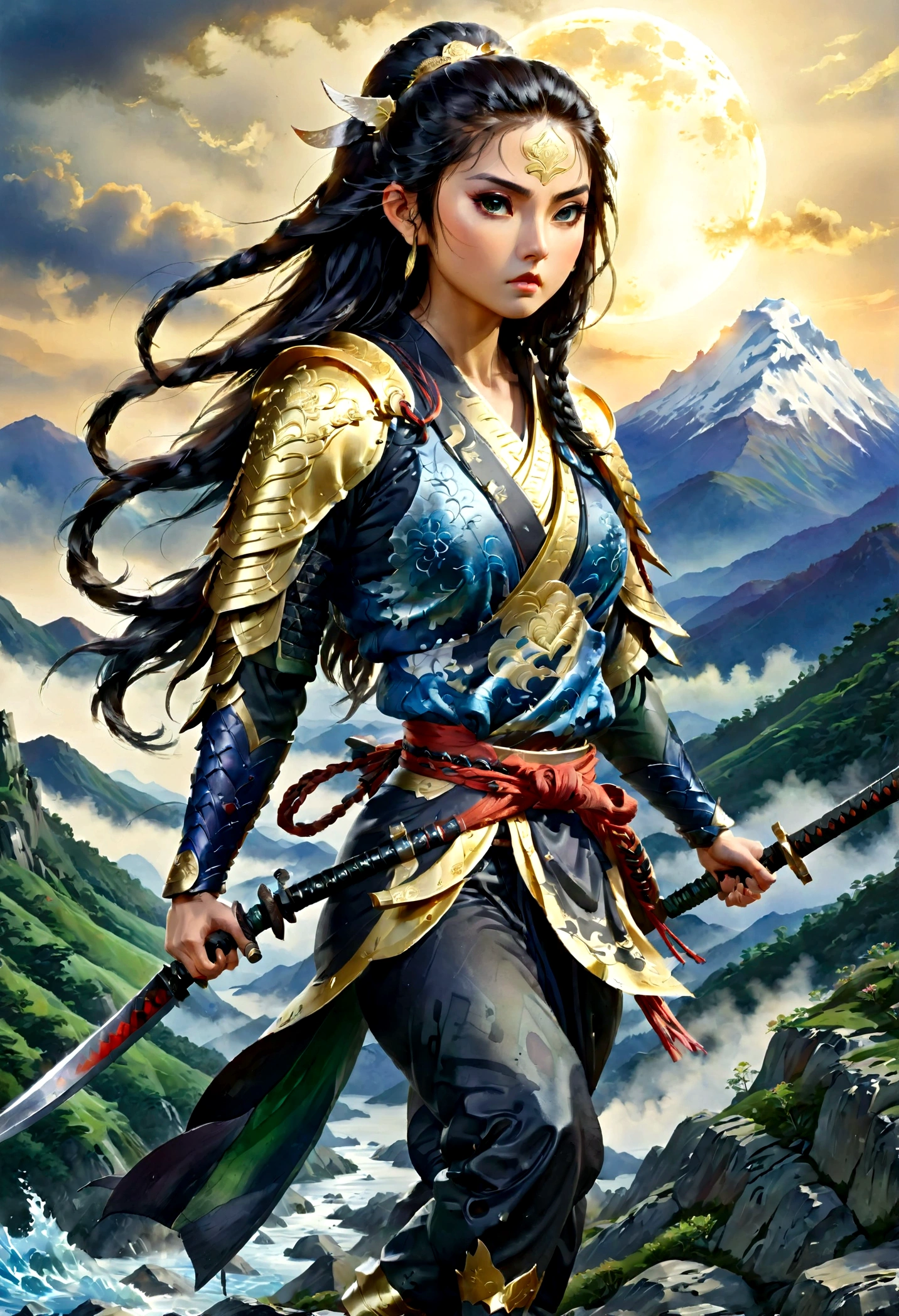 ((water color art: 1.5)), fantasy art, RPG art, dark fantasy art, a female elf samurai, ready to battle, she wears traditional samurai armor, armed with a katana, she stands on top of the mountain at dawn, exquisite beautiful female elf, long hair, black hair, straight hair, braided hair, black eyes, intense eyes, small pointed ears, fantasy mountain top at dawn background, moon, stars, clouds, god rays, soft natural light silhouette, dynamic angle, photorealism, panoramic view, ultra best realistic, best details, 16k, [ultra detailed], masterpiece, best quality, (extremely detailed), photorealism, depth of field, traditional watercolor painting