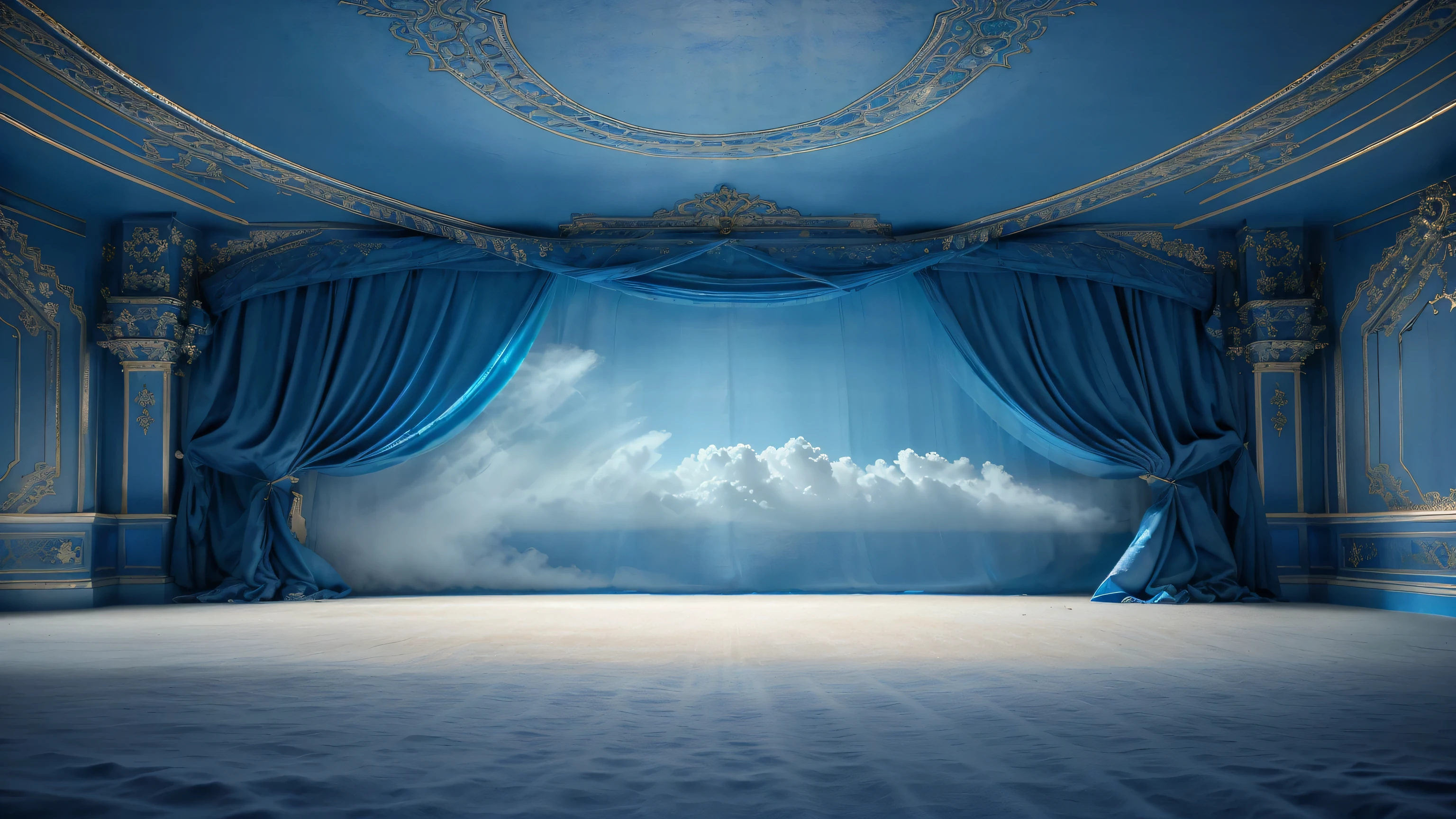 arafed room with blue curtains and a sky background, cuarto azul, awesome arcane backdrop, brightly lit cuarto azul, Fondo hecho de grandes cortinas, ornate backdrop, Ballroom background, Palacio de las Nubes, dreamy and dramatic atmosphere, Fondo de pintura de estilo barroco, fondo palacio art deco, Ambiente lujoso, establecer foto, royal interior, blue backdrop, sala del trono decadente, adornado y fluido