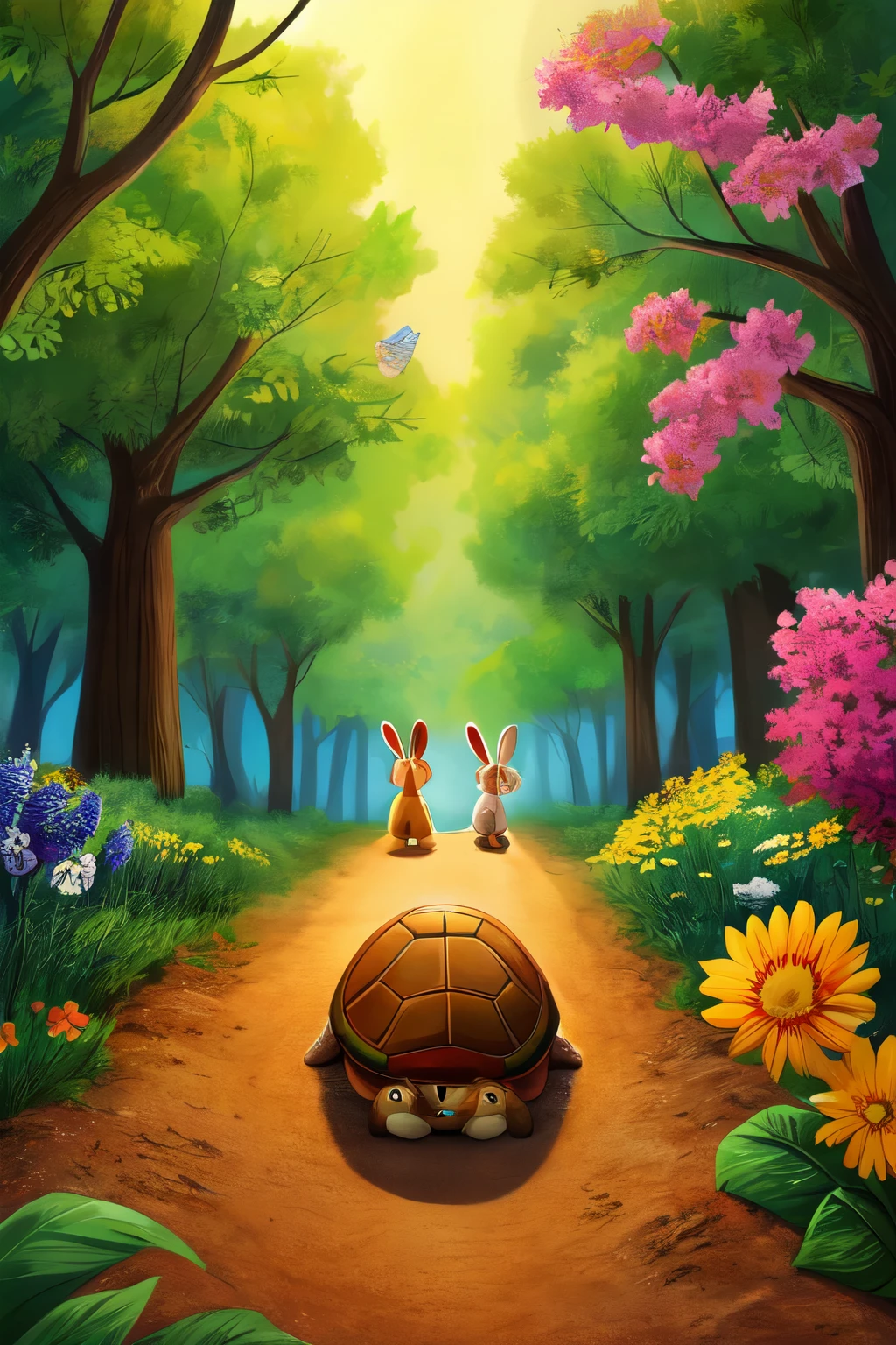 cover of a children's book, diney-style image of a hare resting against a tree, while a turtle runs on a dirt track in the middle of the forest, with bright colors and different flowers
