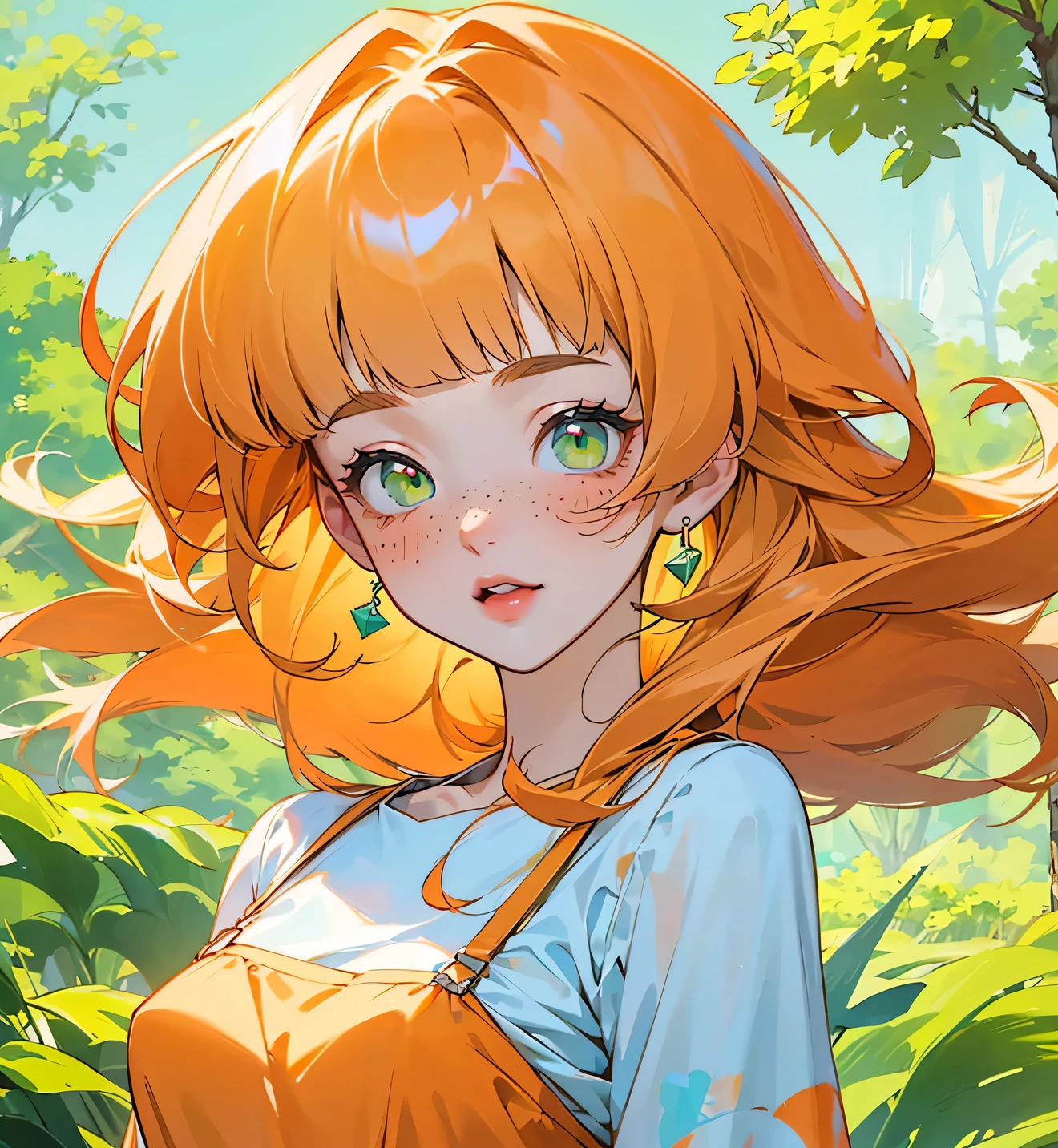 ((best quality)), ((masterpiece)), (detailed), 1 girl, white woman, big, bright green eyes, freckles on her face, long straight orange hair, orange bangs, colorful and casual clothes , in the middle of nature, view of the body from the torso up wearing a cute dress anime animation style
