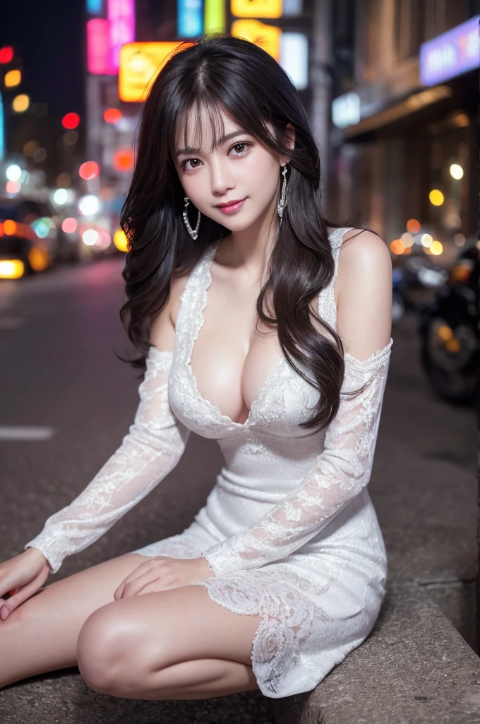 highest quality、8k Masterpiece、super A high resolution、(Photorealistic:1.3)、RAW Photos、1 girl、black hair、extremely detailed Glowing Skin、1. Super-beautiful Cyberpunk Soldiers、((Ultra-Realistic Details))、Portrait、Global Illumination、Shadow、Octane Rendering、8k、Super sharp、Beautiful etal、Cold colors、Very intricate details、Realistic Light、CGSoation Trend、Beautiful Eyes、Shining Eyes、To the camera、Neon Details、26 age、Very long Hair、inwardly curled hair、Too beautiful face、Intelligence、Obscene、wide shot、full body、Silver charm on the ankle、sexy、se、Healthy Body、Erotic、exy detailed Elegance、 wearing white dress, neon city at night