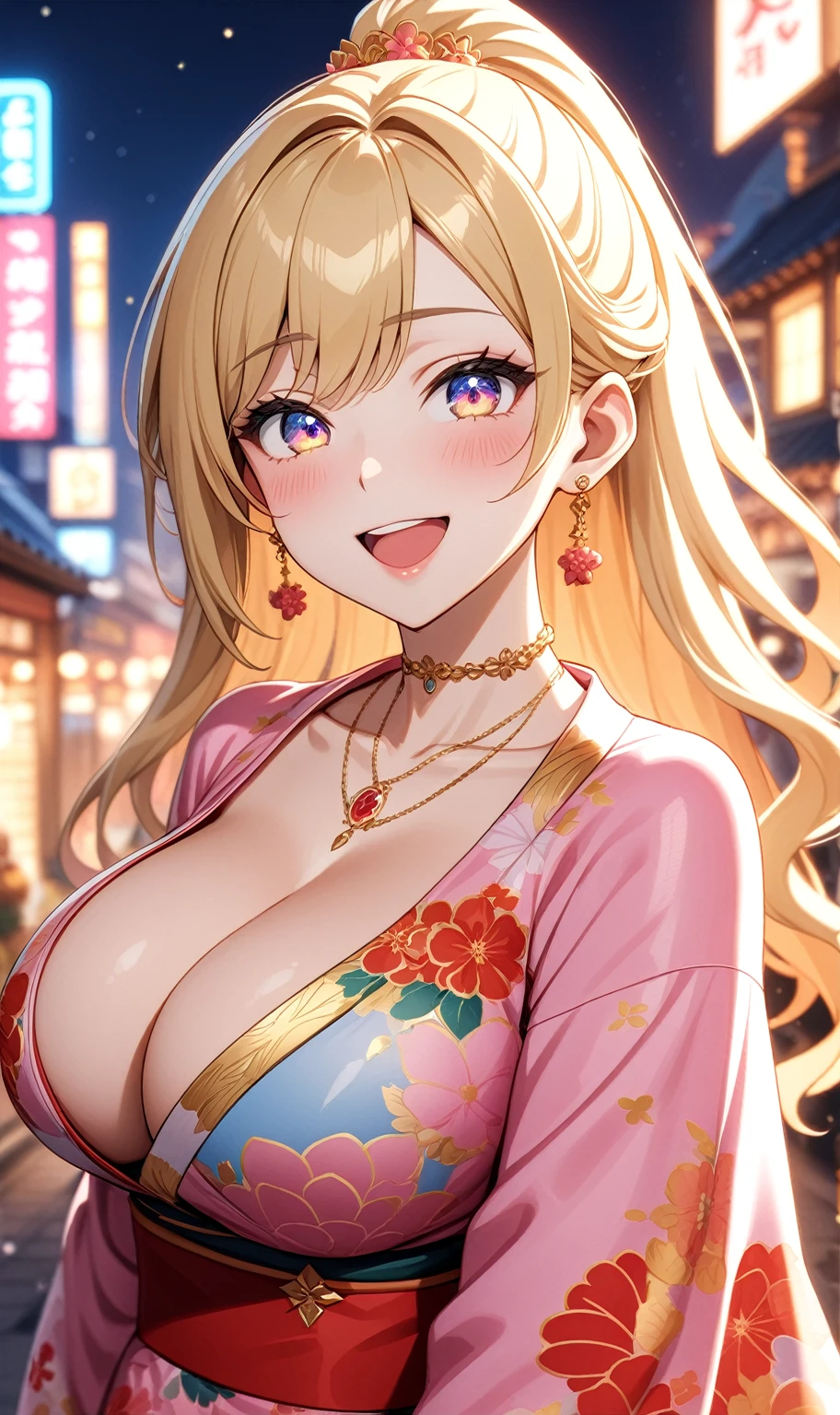 ((one personの女性)), Beautiful Face,Laughing embarrassedly,((Wink:2.0)),laugh with a big mouth,turn bright red,Glossy pink lips,night,rooftop,Festive decorations,You can see the ocean, firework,((Anime style background)),masterpiece, highest quality, so beautiful, Latest, Complex details, (Pink long nails),(ring),(flower bracelet),choker,AI-generated, Complex,High resolution, highest quality, super high quality,3D Images、View your viewers、3D Images,one person,Long Blonde Hair,High Ponytail,blue eyes,Anime woman posing for a photo, (Fine grain,Colorful eyes,Shining Eyes:1.4),(Squint your eyes:1.1),a hyperRealistic , hyperRealistic , Realistic,Blonde anime woman with long hair, Smooth anime CG art, A woman in a colorful kimono with gold embroidery, (Pink kimono),Red floral pattern,Long flower hair ornament,Big earrings,(ring),(Big Breasts:1.1),Mature Body,Tall,Big Ass,Fine details,Tight waist,Abdominal muscles,(Face close up:1.4,),Facing forward
