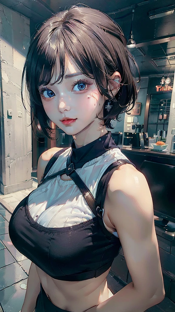 ((Best quality, 8k, Masterpiece :1.3)), 1girl, Pretty woman with emphasizing  abs :1.3, (short cut hairstyles, Huge breasts), Casual outfit :1.2, Ultra-detailed face, Detailed eyes, Double eyelid