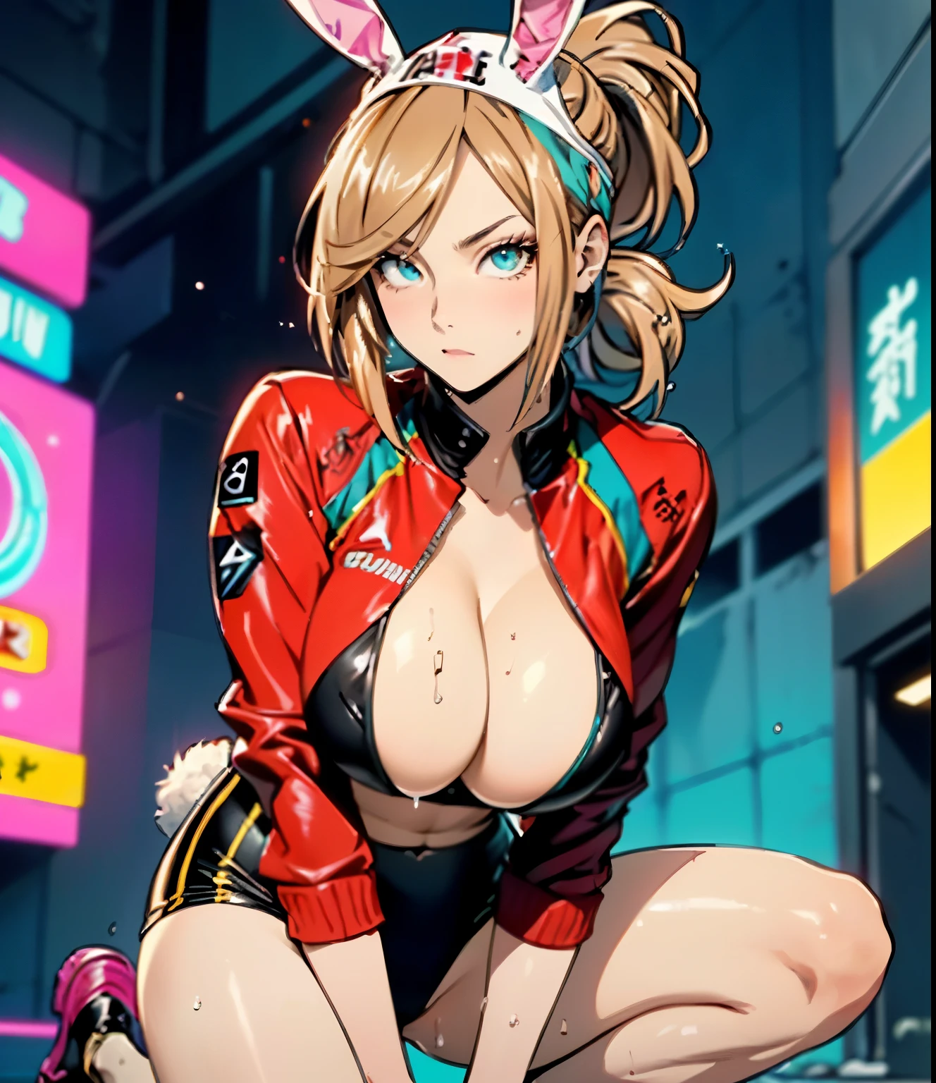 cute bunny girl,(((1girl))),((bunny girl with extremely cute and beautiful aqua hair)),(((bunny girl,anthro furry cute,bunny-girl))),(((bunny ears,bunny ears on head,big bunny ears))),
(large breasts:1.4),saggy breasts,(((aqua_hair ponytail:1.35,aqua_hair:1.3,colored inner hair,ear breathing,large hair))),((heterochromia:1.5, (aqua_eye and pink_eye))),intricate eyes,beautiful detailed eyes,symmetrical eyes,big eyes:1.3,((fat)),(((lustrous skin:1.5,bright skin: 1.5,skin tanned,shiny skin,very shiny skin,shiny body,plastic glitter skin,exaggerated shiny skin,illuminated skin,wet legs))),(spider lower abdomen,narrow waist,wide hip,athletic body,inflated legs,detailed body,(detailed face)),
cute,slutty,seductive,erotic,(nsfw),
zettai ryouiki,(((race queen style costume, attractive companion costumes,pit girl costume))),(magenta suit unbuttoned,magenta costume),(((huge cleavage))),cleavage cutout,((wet clothes,intricate outfit,intricate clothes)),
(dynamic pose:1.0),solo focus,embarrassed,(centered,scale to fit dimensions,Rule of thirds),
cyberpunk city by the ocean at night, with bright neon signs and dark stormy clouds and puddles, scenery:1.25,
artistic photography,(photography taken by sldr),highres, sharp focus, (ultra detailed, extremely detailed), (photorealistic artwork:1.37),(extremely detailed CG unity 8k wallpaper),((synthwave background theme)),(((vibrant colors))),(intricate background),(masterpiece),(best quality),