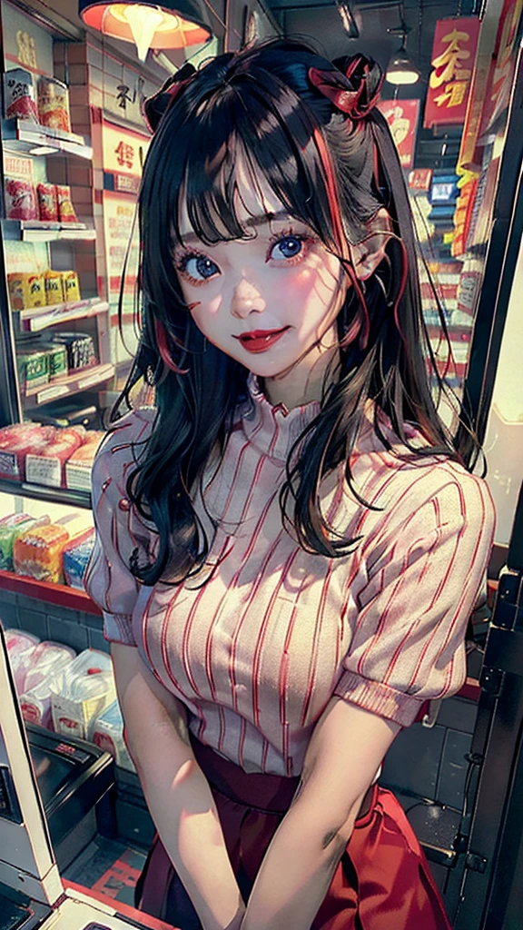 ((standing on your feet、ultra-realistic realism、The whole body faces the audience,In a convenience store、In front of the cash register at a convenience store、The whole body is lit up), (illustratio), Pink shirt short sweater、long skirt,(A high resolution)), (8K), (The is very detailed), (The best illustrations), (stand posture、beatiful detailed eyes), (top-quality), (ultra - detailed), (tmasterpiece), (the wallpaper), (Detailed face), (Inside a convenience store in the middle of the night、Inside a convenience store、Stand in front of the cash register、A smile、red lipsticks)、((Bright red lipstick、femele,Black color hair,long whitr hair,1girll, Chinese big breasts