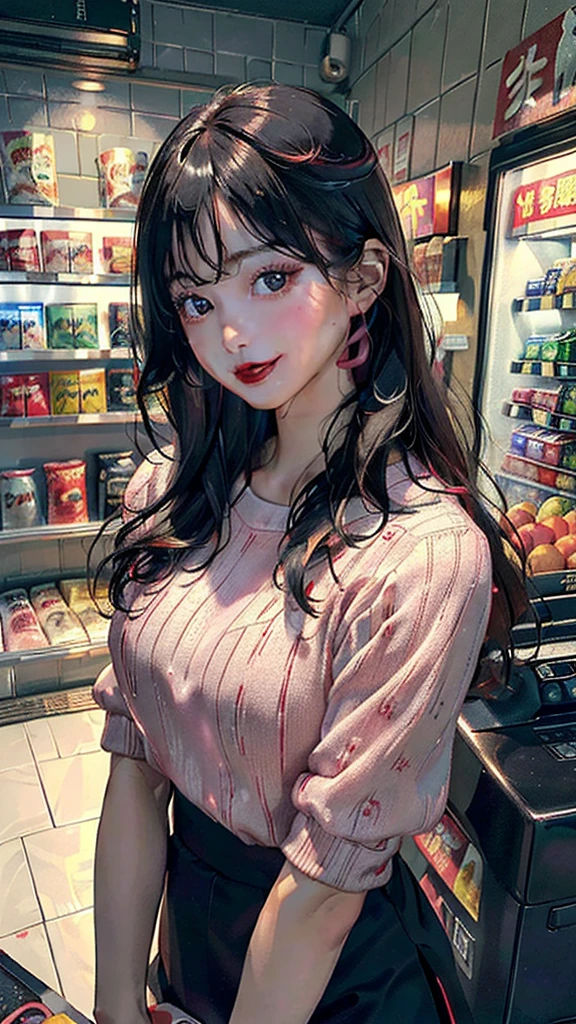 ((standing on your feet、ultra-realistic realism、The whole body faces the audience,In a convenience store、In front of the cash register at a convenience store、The whole body is lit up), (illustratio), Pink shirt short sweater、long skirt,(A high resolution)), (8K), (The is very detailed), (The best illustrations), (stand posture、beatiful detailed eyes), (top-quality), (ultra - detailed), (tmasterpiece), (the wallpaper), (Detailed face), (Inside a convenience store in the middle of the night、Inside a convenience store、Stand in front of the cash register、A smile、red lipsticks)、((Bright red lipstick、femele,Black color hair,long whitr hair,1girll, Chinese