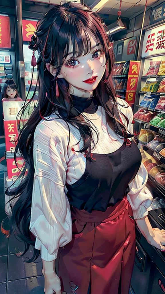 ((standing on your feet、ultra-realistic realism、The whole body faces the audience，In a convenience store、In front of the cash register at a convenience store、The whole body is lit up), (illustratio), Pink shirt short sweater、long  skirt，(A high resolution)), (8K), (The is very detailed), (The best illustrations), (stand posture、beatiful detailed eyes), (top-quality), (ultra - detailed), (tmasterpiece), (the wallpaper), (Detailed face), (Inside a convenience store in the middle of the night、Inside a convenience store、Stand in front of the cash register、A smile、red lipsticks)、((Bright red lipstick、femele,Black color hair,long whitr hair,1girll, Chinese big breasts