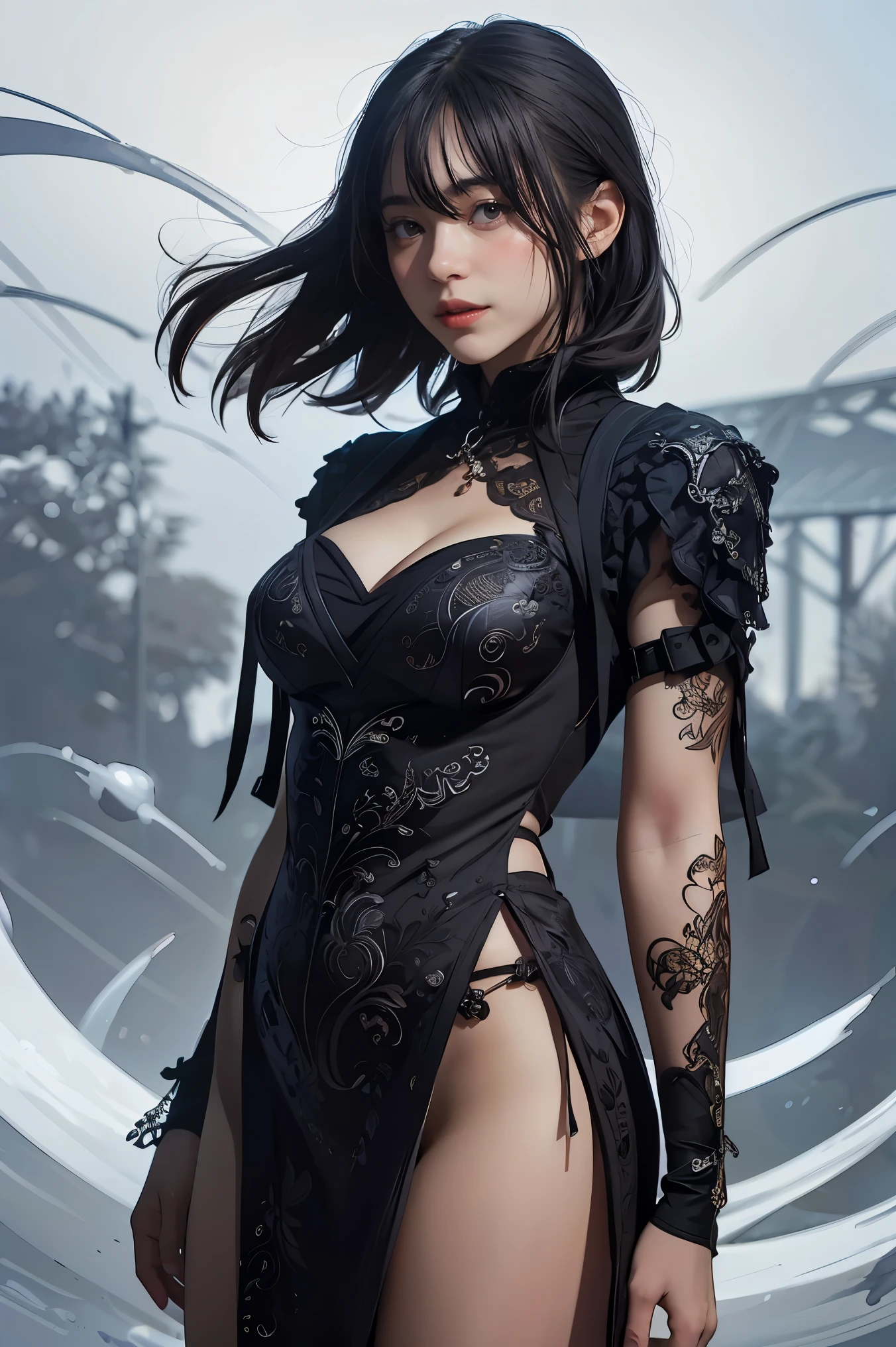 ((masterpiece, best quality)), ultra detailed 8k, photorealistic, sharp focus, highly detailed, professional lighting , shadowmancer, photo of a woman, ink, ((swirling black ink floating around)), futuristic fantasy, black dress, dynamic pose, realistic, masterpiece, intricate details, detailed background, depth of field,
