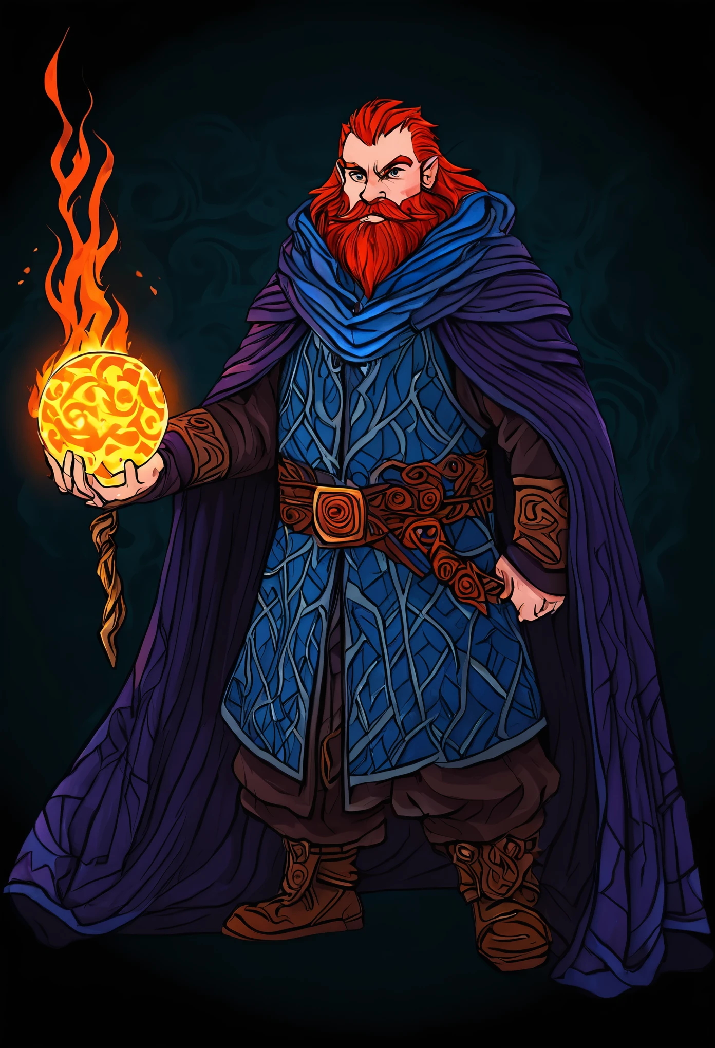 A 250x350 pixel image with a dwarf standing in the center.
He is wearing a flowing cloak, possibly blue or purple, with swirling patterns that suggest magic.
His fiery red hair is tousled and wild, a perfect contrast to his serious expression.
In one hand, he holds a small, glowing wand, maybe made of wood and etched with runes.
His other hand is clenched, and a ball of fire, crackling with energy, floats above his palm.
Facing him, a shadowy beast looms. Its shape is undefined, filled with jagged edges and menacing tendrils. The darkness is palpable, highlighting the dwarf's fiery defiance.