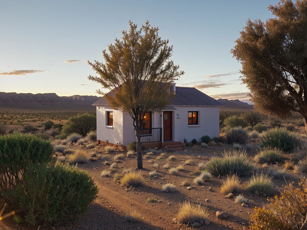 Late autumn landscape on the Karoo, small home surrounded by small trees and bushes, sunrise, no snow,