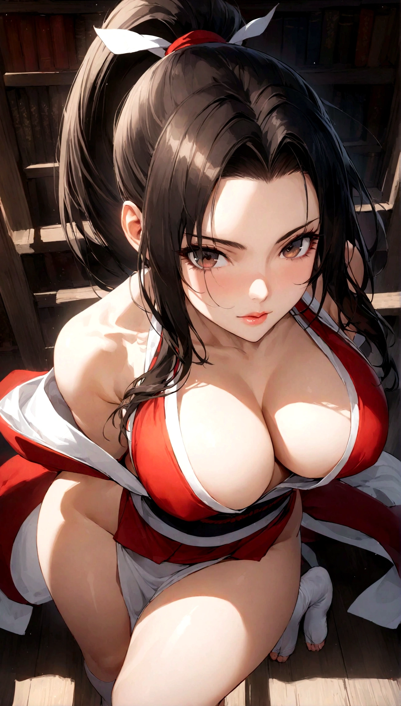 masterpiece, best quality, very aesthetic, absurdres, floating hair, floating clothes, Epic and grandiose scenes,,shiranui mai(Fatal Fury), shiranui_mai, fatal_fury, the_king_of_fighters, arm_guards, bare_shoulders, black_hair, breasts, brown_eyes, cleavage, collarbone, floral_print, gloves,  high_ponytail,  japanese_clothes, large_breasts,  legs, lips, long_hair, ninja, no_shoes, obi, parted_bangs, pelvic_curtain, ponytail, revealing_clothes, rope, sash, shadow, sleeveless, stirrup_legwear, tabi, thighs, toeless_legwear, toes,in a library