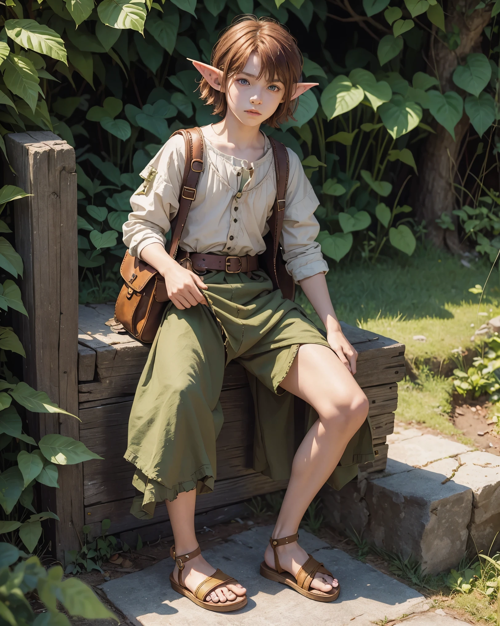 13-year-old goblin boy with elf pointed-ears SHORT auburn hair, green eyes and fair skin, dressed in brown medieval pauper clothes with holes and patchwork, sandals; fullbody; carrying cloth satchel backpack, masculine