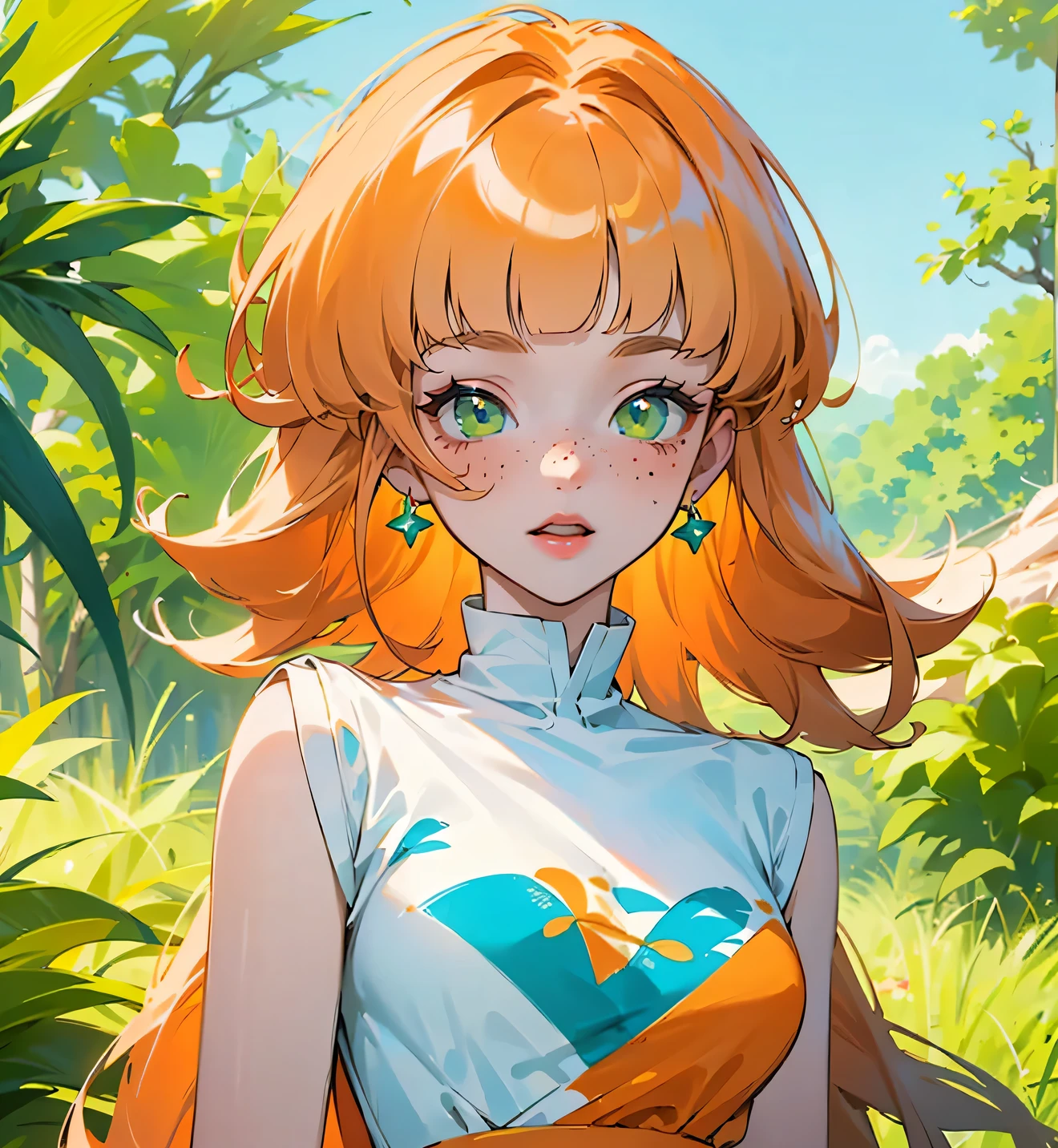((best quality)), ((masterpiece)), (detailed), 1 girl, white woman, big, bright green eyes, freckles on her face, long straight orange hair, orange bangs, colorful and casual clothes , in the middle of nature, view of the body from the torso up wearing a cute dress anime animation style