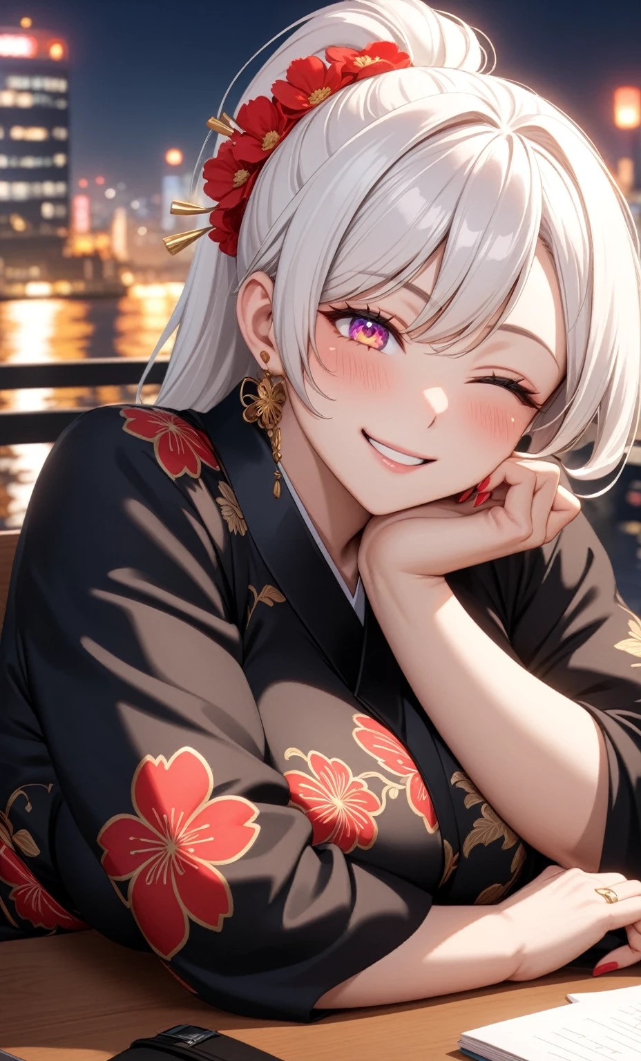 ((one personの女性)), Beautiful Face,Laughing embarrassedly,((Wink:2.0)),Laughing with your mouth open,((Bright red cheeks:1.3)),Glossy pink lips,night,Rooftop festival,firework,Ocean,((Anime style background)),masterpiece, highest quality, so beautiful, Latest, Complex details, (Pink long nails),(ring),AI-generated, Complex,High resolution, highest quality, super high quality,3D Images、View your viewers、3D Images,one person,Long white hair,High Ponytail,blue eyes,Anime woman posing for a photo, ((Fine grain、Colorful Eyes、Shining Eyes:1.2)),(Squint your eyes:1.1),a hyperRealistic , hyperRealistic , Realistic,Anime woman with long and white hair, Smooth anime CG art, A woman in a colorful kimono with gold embroidery, (Black kimono),Red floral pattern,Long flower hair ornament,Big earrings,Mature Body,(Big Breasts:1.1),Tall,Big Ass,Fine details,Narrow waist,Abdominal muscles,(Face close-up:1.4),((Put your elbows on the desk))