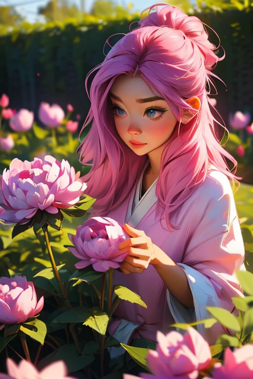 A pink haired girl with violet eyes is playing with a peony in a garden