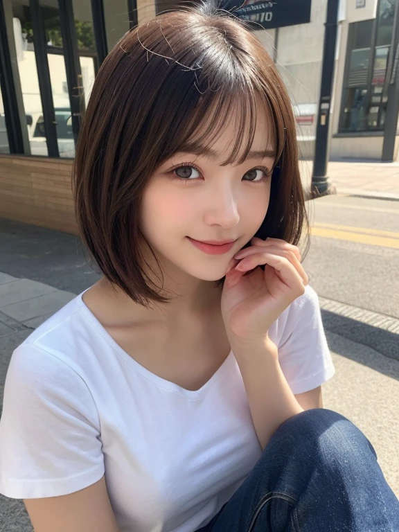 ((Browsing Caution))、(masterpiece:1.5)、(2k)、(Realistic:1.5)、RAW Photoasterpiece、With the camera pulled、G-Cup、20-year-old、thin、Beautiful woman:1.4、Smiling expression、 Light brown hair、Bobcut、Shiny Hair、 Highly detailed face、fine grain、double eyelid、 Natural color lip、Beautiful Skin,clear,Transparency,Fair skin,白い肌Beautiful Skin、beautiful girl、Random color t-shirt、jeans