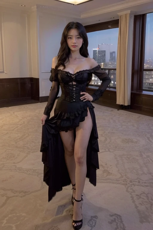 (Original Photography,、realistic、Practical、best quality:1.2), Cowboy shooting, Solitary, 2 Girls, Shirley Noam, Smile, Shut up, Off the shoulder dress, Corset, Layered Skirt, Long legs, Sexy high heels,Bare shoulders, In luxury hotels,(Floor-to-ceiling windows、Floor-to-ceiling windows外的夜景:1.3),With your back to the audience,Huge buttocks,Beautiful buttocks