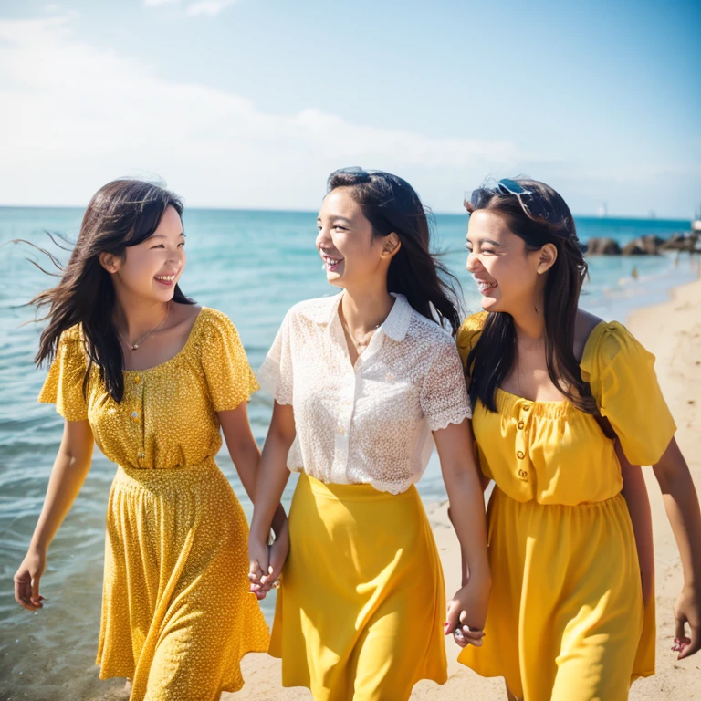 Photorealistic, 4k, 4girls.Holding hands with friends, we head to the beach. Yellow sunflowers in our hair. Time for laughter. Feeling the scent of the sea. Summer camp morning. We rush to the beach. We are full of smiles. Enjoying the summer days in swimsuits. Three girls, 18 years old, outstanding proportions, printed shirts, skirts,Asahi、