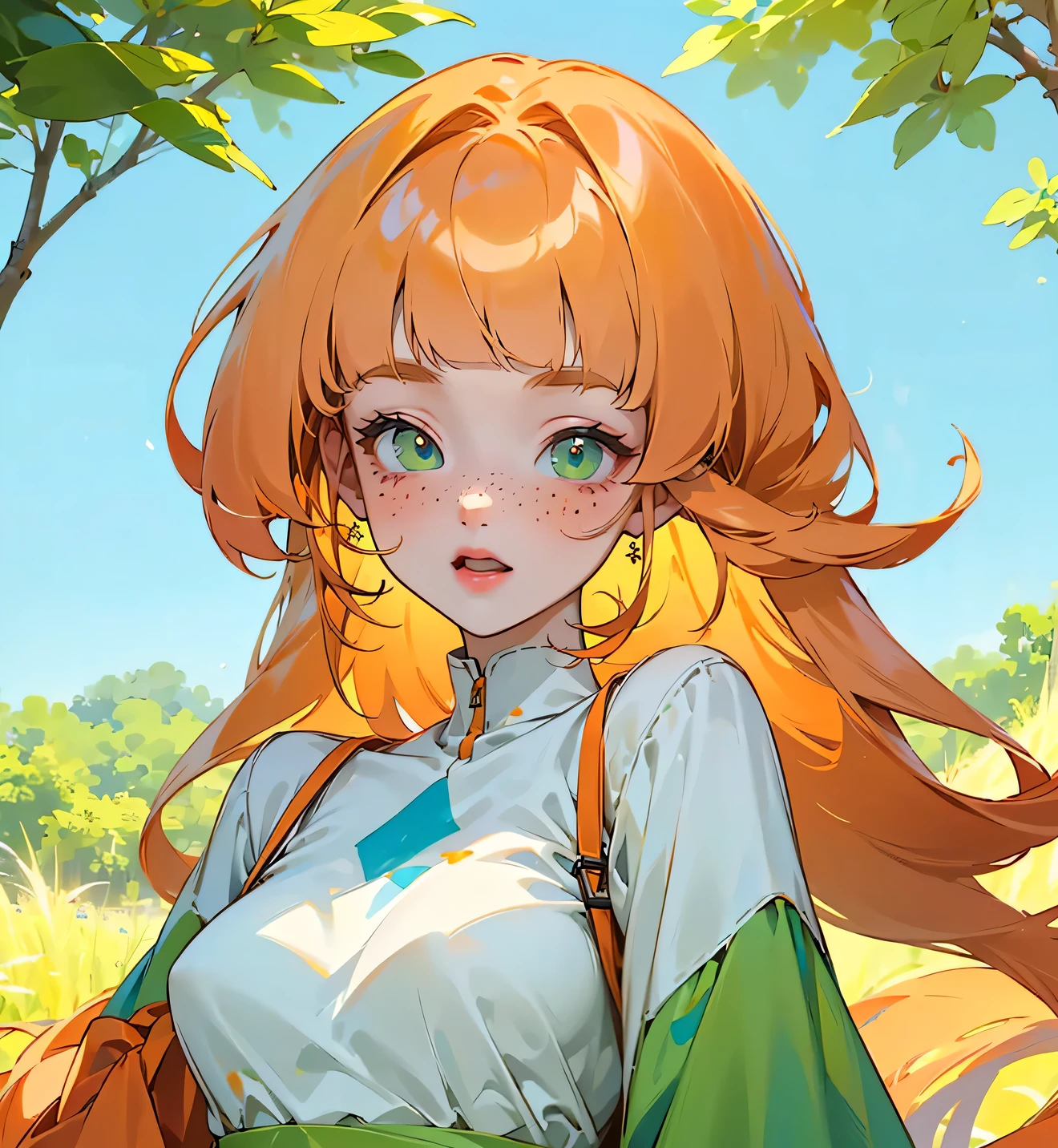 ((best quality)), ((masterpiece)), (detailed), 1 girl, white woman, big, bright green eyes, freckles on her face, long straight orange hair, orange bangs, colorful and casual clothes , in the middle of nature, view of the body from the torso up wearing a cute dress anime animation style