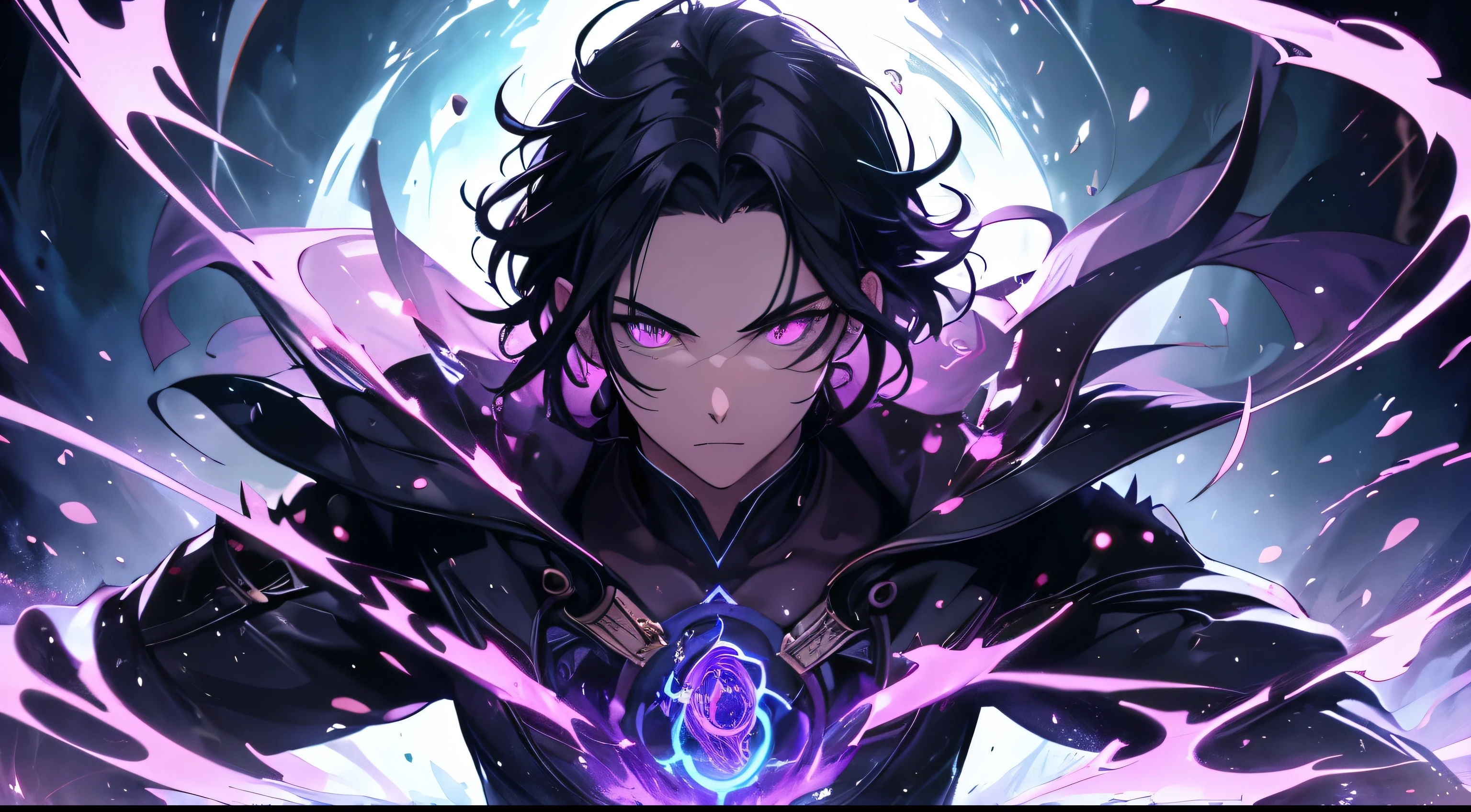 Painting representing the essence of magic, depicting a black-haired guy with violet eyes immersed in a cascade of magical energy, with glowing particles dancing around him, hair short, masterpiece, best quality, ultra detailed, illustration, concept art resolution 8k, fantasy, epic art, concept art wallpaper 4k, deep color, natural lighting