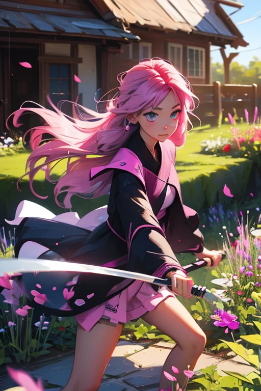 A pink haired girl with violet eyes is spinning a scythe in a garden
