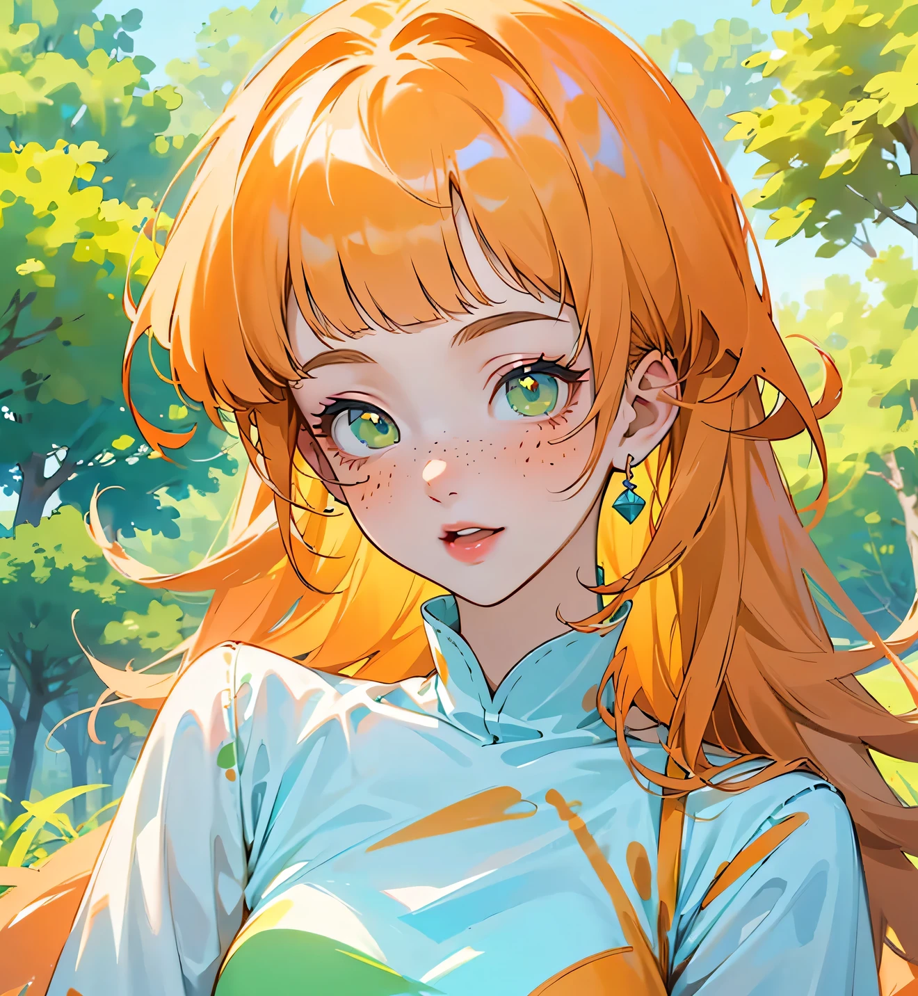 ((best quality)), ((masterpiece)), (detailed), 1 girl, white woman, big, bright green eyes, freckles on her face, long straight orange hair, orange bangs, colorful and casual clothes , in the middle of nature, view of the body from the torso up wearing a cute dress anime animation style