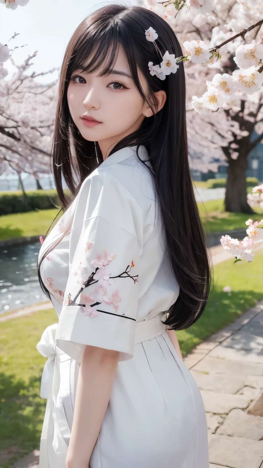 (logo、masterpiece、8k、Tabletop、RAW Photos、wonderful、最high quality、8K wallpaper that combines photorealism and high-definition CG、high quality、Very detailed、Narrative poem、Particle Effects、Dynamic Effects、Written boundary depth、Cinematic Light、Lens flare、Ray Tracing)、Fantasy、 (1 Beauty、White kimono、Japanese Clothing、White cherry blossom pattern、White cherry blossom embroidery pattern、Black-haired、Beautiful Face、True Face、Beautiful details、eye、Beautiful Skin)、Hair flutters in Wind、Hair bounces、Pink cherry blossom tree、Petals flutter、SakuraFubuki、wonderful景色、Morning Glow、Sun in the background、Wind、god々、teeth、god話、Vast land、