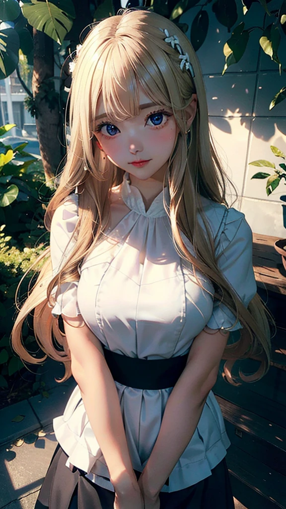 (((aldult,blonde hair,long hair,brown eyes, (((Denia,Manha,Han Florita,white top,dark blue skirt ))),(((wide hips))),S-shaped body:1.7))),((masterpiece)),high resolution, ((Best quality at best)),masterpiece,quality,Best quality,((( Exquisite facial features,looking at the audience,There is light in the eyes,open your mouth,blush,Shy ))),(((Light and shadow interlace,huge ))),(((Han Florita,Close-up half-length photo,Upper body close-up)))