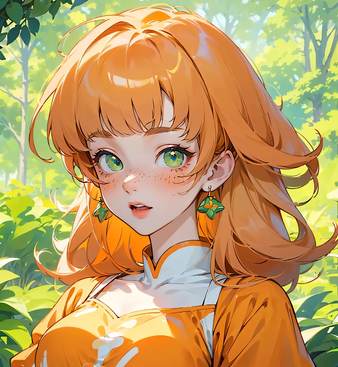 ((best quality)), ((masterpiece)), (detailed), 1 girl, white woman, big, bright green eyes, freckles on her face, long straight orange hair, orange bangs, colorful and casual clothes , in the middle of nature, view of the body from the torso up wearing a cute dress anime animation style