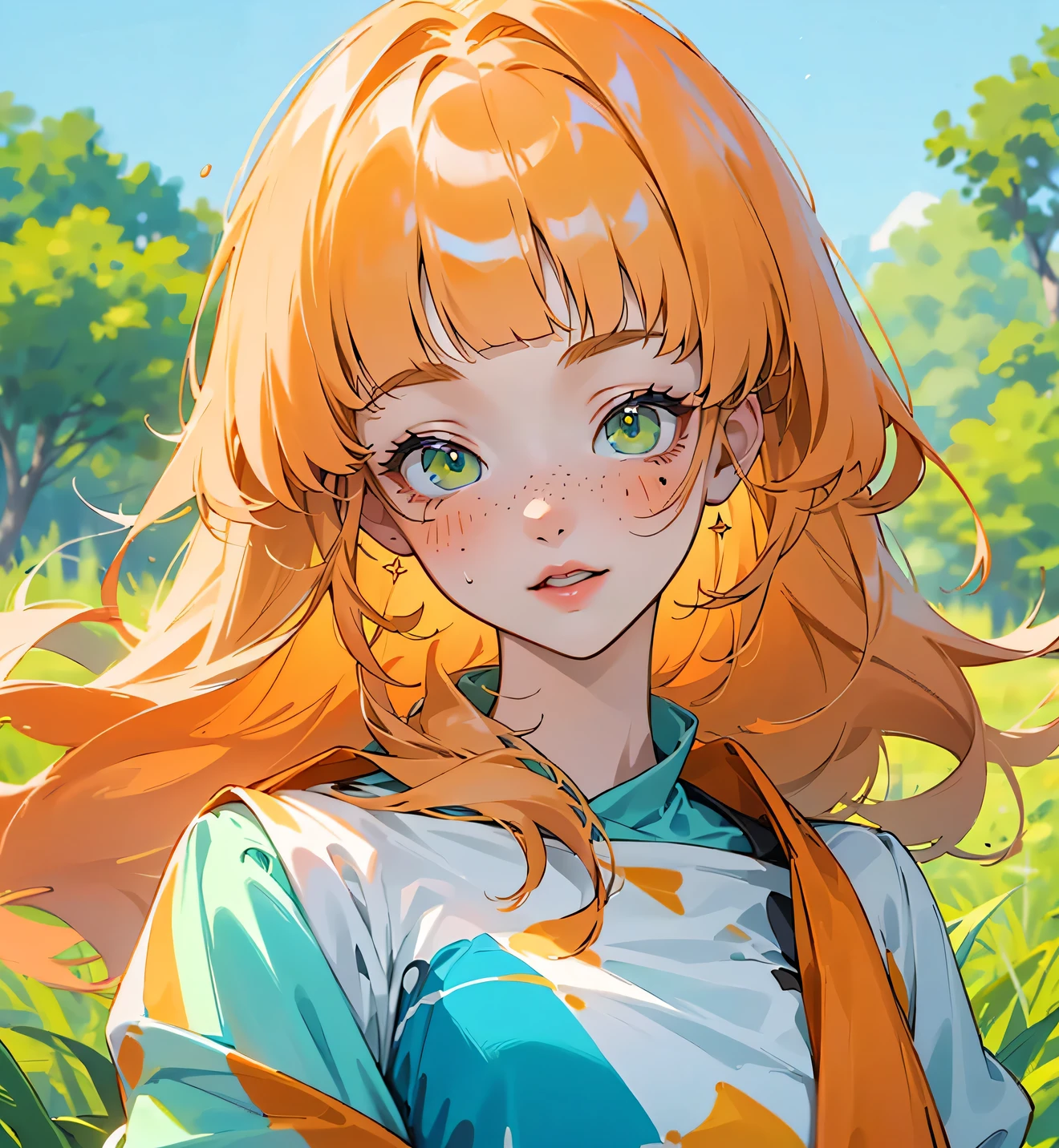 ((best quality)), ((masterpiece)), (detailed), 1 girl, white woman, big, bright green eyes, freckles on her face, long straight orange hair, orange bangs, colorful and casual clothes , in the middle of nature, view of the body from the torso up wearing a cute dress anime animation style