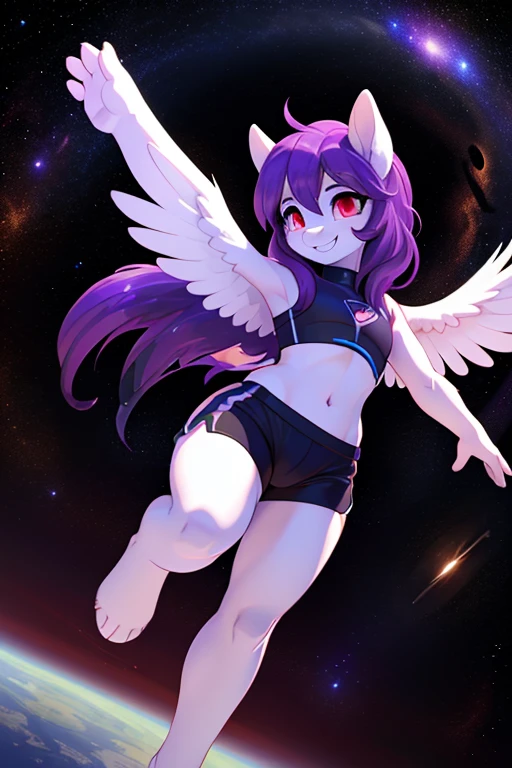 "((better quality)), ((solo girl)), full body, anthrophomorphic female pony, white skin, red eyes pulpils, smiling expression,white bird long wings and long dark purple hair, black swimming shorts, golden feet bracess, flying pose ((space background))
