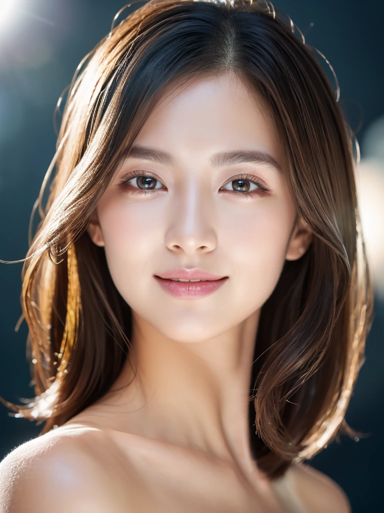 highest quality、8k Masterpiece、superA high resolution、(Photorealistic:1.3)、RAW Photos、1 girl、Black Hair、extremely detailed Glowing Skin、、Portrait、Global Illumination、Shadow、Octane Rendering、8k、Super sharp、Beautiful breastetal、Cold colors、Very intricate detailuch Light、CGSoation Trend、extremely detailed Beautiful Eyes、Shining Eyes、To the camera、Neon Details、extremely detailed Clear skin、long hair、smile、Featured on cosmetics website、Elegance、Photo Studio、short hair、naked、more lighting, photo painting, Picture-perfect, white skin