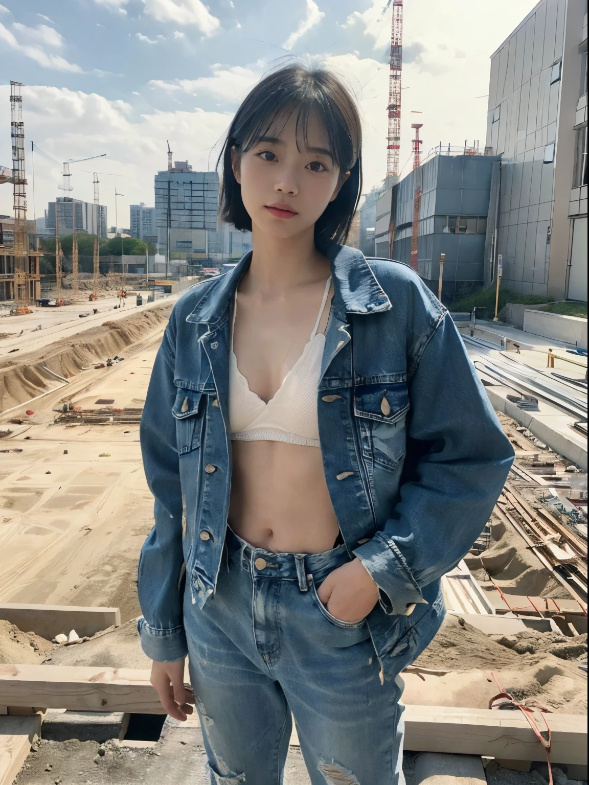 (highest quality), Realistic, (live-action, Intricate details), (Natural skin texture, Detailed skin, Hyperrealism, Sharpness) ((Japanese female college student standing at a construction site, Put your hands in your pockets:1.3)), ((loose denim jacket, Tight white sports bra, Distressed loose denim pants)), (((Small box:1.4))), Fair skin, Sweaty skin, ((Messy Bob Hair)), (Beautiful face, Lips parted, Tilt your head), Buildings under construction, construction materials, hard lighting:1.3, Full Body Shot
