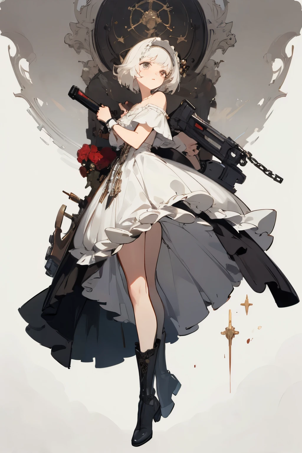 ((best quality)), ((masterpiece)), (detailed), 1girl, off-shoulder, blank white background, plain background, white background, red and white clothing, Bloodborne inspired, occult aesthetic, occult, detailed and intricate steampunk and detailed gothic, NSFW, Very dramatic and cinematic lighting, cosmic horror, grim-dark, side-lighting, perfect face, NSFW, Fluttering lace flared long knee length dress with frilly petticoats, knee length dress, pleated petticoats, lolita dress, petticoats gothic lolita, complex lace boots, side-lighting, gothic lolita aesthetic, wielding a mighty sword with mechanical components, carbine, NSFW, beautiful small breasts, small breasts, full body, whole body, body, plain background, white background, blank background, no background, white background NSFW, chains, full body, whole body, head-to-toe NSFW