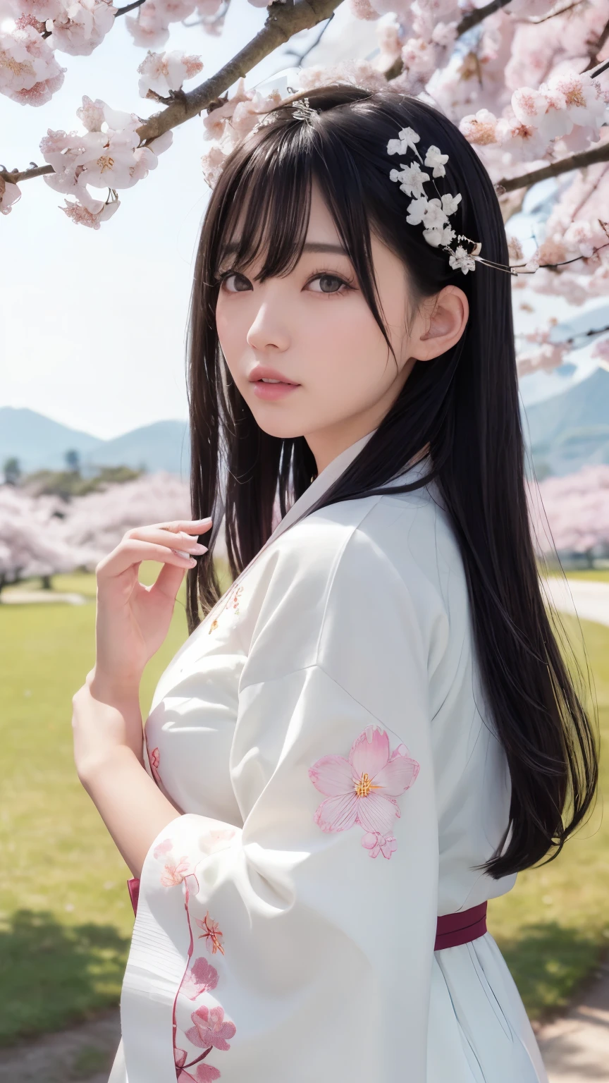 (logo、masterpiece、8k、Tabletop、RAW Photos、wonderful、最high quality、8K wallpaper that combines photorealism and high-definition CG、high quality、Very detailed、Narrative poem、Particle Effects、Dynamic Effects、Written boundary depth、Cinematic Light、Lens flare、Ray Tracing)、Fantasy、 (1 Beauty、White kimono、Japanese Clothing、White cherry blossom pattern、White cherry blossom embroidery pattern、Black-haired、Beautiful Face、True Face、Beautiful details、eye、Beautiful Skin)、Hair flutters in Wind、Hair bounces、Pink cherry blossom tree、Petals flutter、SakuraFubuki、wonderful景色、Morning Glow、Sun in the background、Wind、god々、teeth、god話、Vast land、