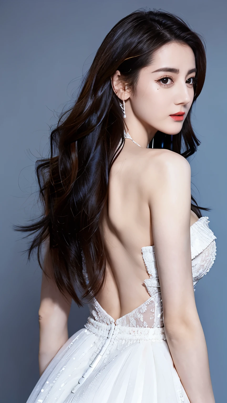 Ultra HD resolution,artistic photos,Photography,21year girl,earrings,long hair,Black background,Black backless dress,necklace,cowboy shot,H cup,Showing cleavage,Expose more breasts,Amazing breast size,Erect nipples,Expose the areola,Bigger breasts,Smooth and beautiful back,Completely bare back,Cold white skin,Big buttocks,White tulle dress,Messy hair,Windblown hair,Translucent clothing,Ruddy face,More transparent clothes