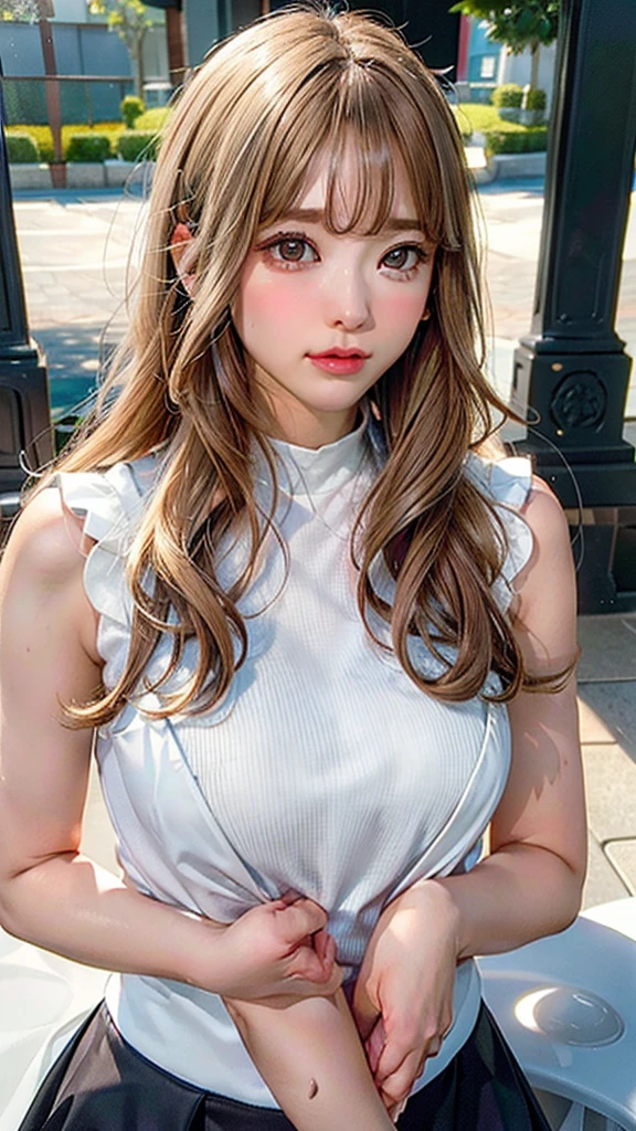 （（（aldult,blonde hair,long hair,brown eyes, （（（Denia，Manha，Han Florita，white top，dark blue skirt ））），（（（wide hips））），S-shaped body:1.7））），((masterpiece)),high resolution, ((Best quality at best))，masterpiece，quality，Best quality，（（（ Exquisite facial features，looking at the audience,There is light in the eyes，open your mouth，blush，Shy ））），（（（Light and shadow interlace，huge ））），（（（Han Florita，Close-up half-length photo，Upper body close-up）））