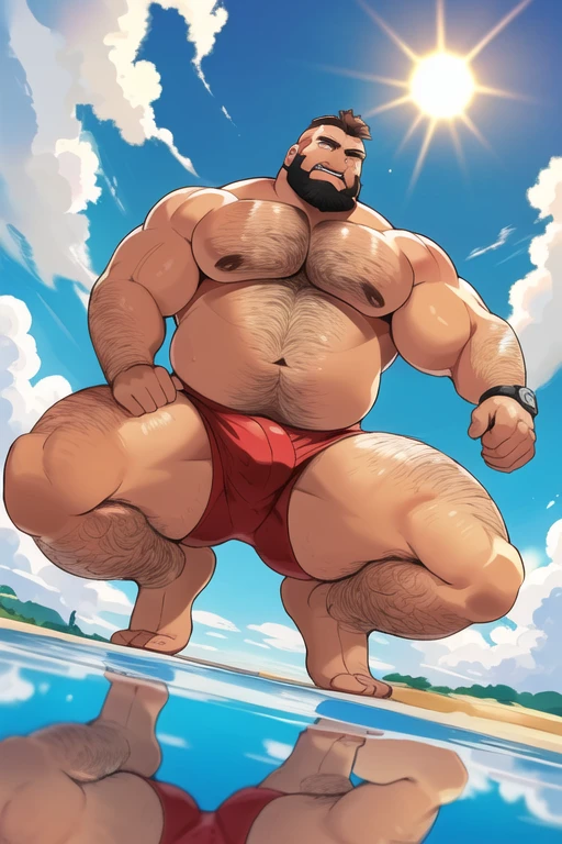 (((((((a fat bearded man zangief personagem do jogo Street fight 6))),walking barefoot on the beach ((wearing only red swim speedo)),(he doesn't wear a t-shirt),(he doesn't wear shorts), sunglasses, smiling, holding a glass of wine, short white hair, watch on the wrist, Nordic bracelets on the wrist, Nordic cord around the neck, incredible clouds in the sky, reflection of the sun, low angle of the image.)))), arte conceitual hiper detalhada, arte premiada, fine and precise character construction. Obra prima. Ultra detalhada a imagem em 8k. The minute details of the image make it even more incredible for the viewer. sentido muito prazer, corpo muito suado, extreme body sweating gesturing speaking expressing oneself with hands. Big tongue laughing. Genital Masculino tamanho largo exagerado GG comprido e norme .Genital Masculino tamanho hiper longo, genital Masculino tamanho Gigantescos, genital Masculino tamanho anormal, genital Masculino super comprido, Grande porra, Gozar muito, Goza ). ejaculando exageradamente, Gozando sem limites, Jorrando jatos de esperma da glande peniana,(posando),corpo todo