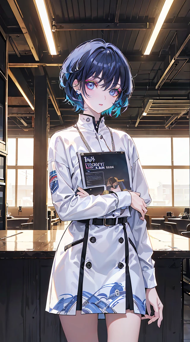  ((mixed color hair)), Bright lighting, masterpiece,One girl, ((short hair)), ((16 year old female model)), (((Cowboy Shot)) 2D,  Fine grain, ((article)), tile,  cover, bold, to attract attention, title, stylish, ((font)), Catchy, Heading, Beautiful Eyes, Eyes focus, Fine hand, Better fingers, 