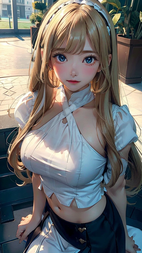 （（（aldult,blonde hair,long hair,brown eyes, （（（Denia，Manha，Han Florita，white top，dark blue skirt ））），（（（wide hips））），S-shaped body:1.7））），((masterpiece)),high resolution, ((Best quality at best))，masterpiece，quality，Best quality，（（（ Exquisite facial features，looking at the audience,There is light in the eyes，open your mouth，blush，Shy ））），（（（Light and shadow interlace，huge ））），（（（Han Florita，Close-up half-length photo，Upper body close-up）））