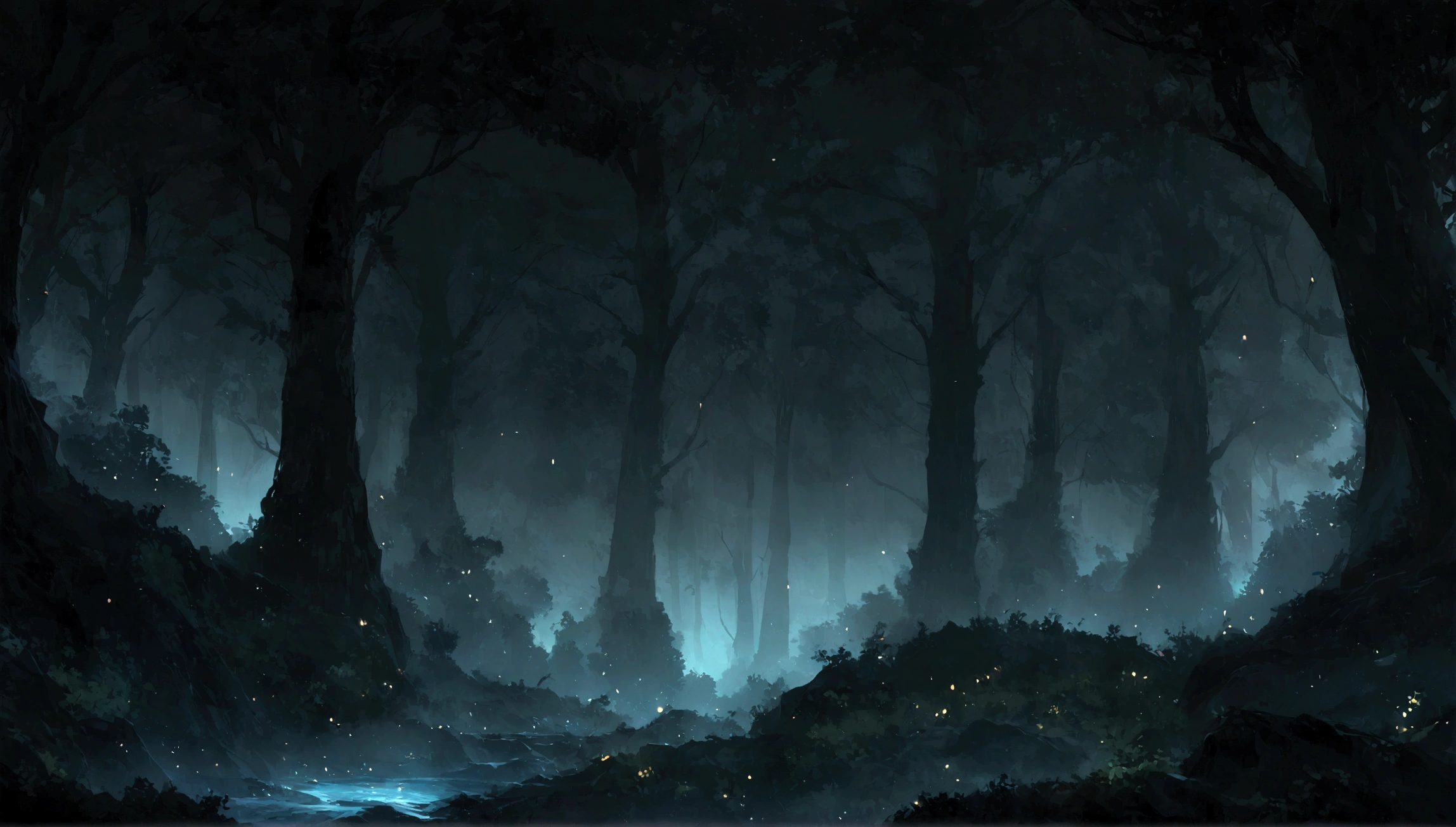 Closed forest environment background at night. Glibli studio style and MIR studio, dark scene