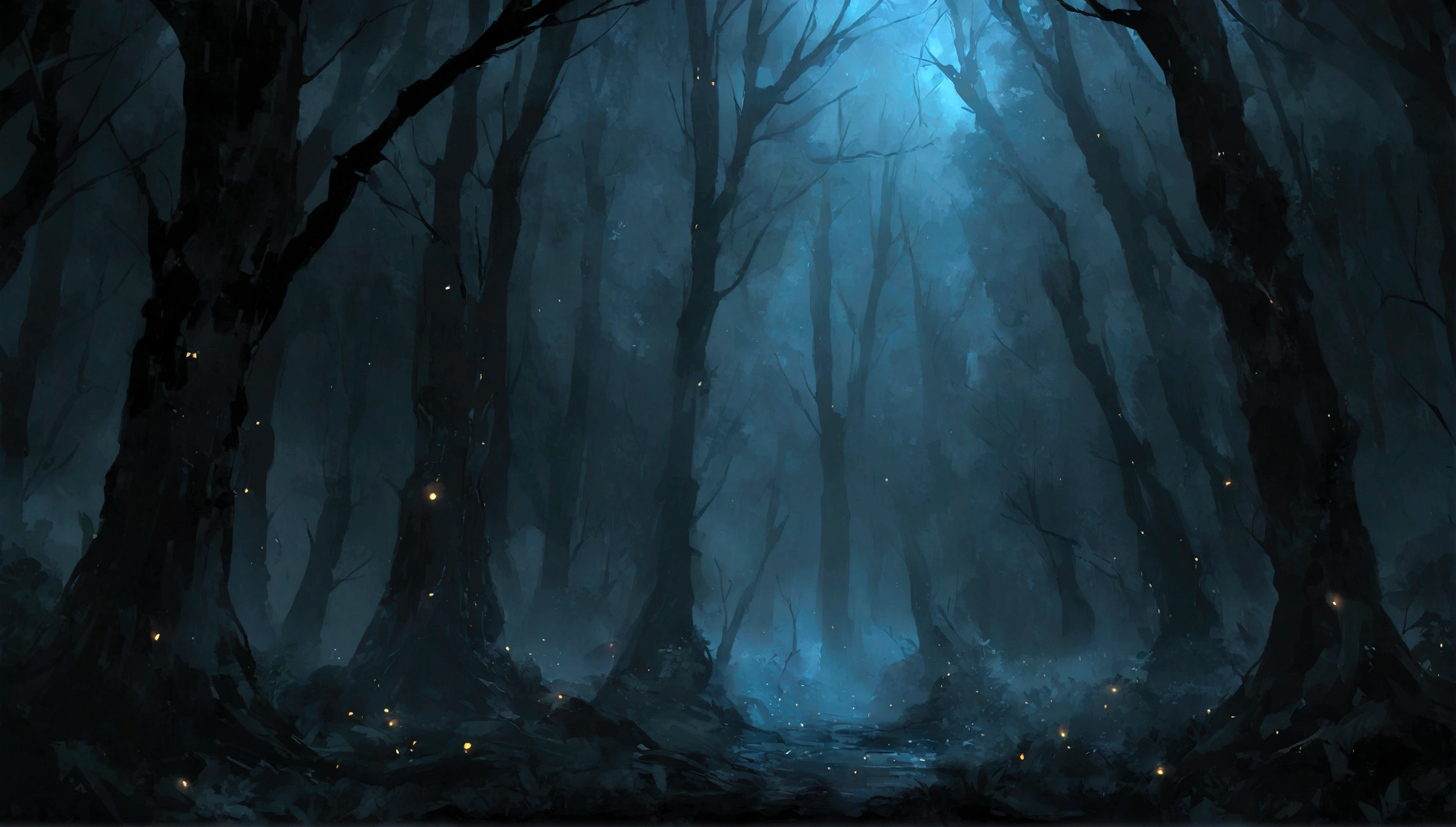 Closed forest environment background at night. Glibli studio style and MIR studio, dark scene
