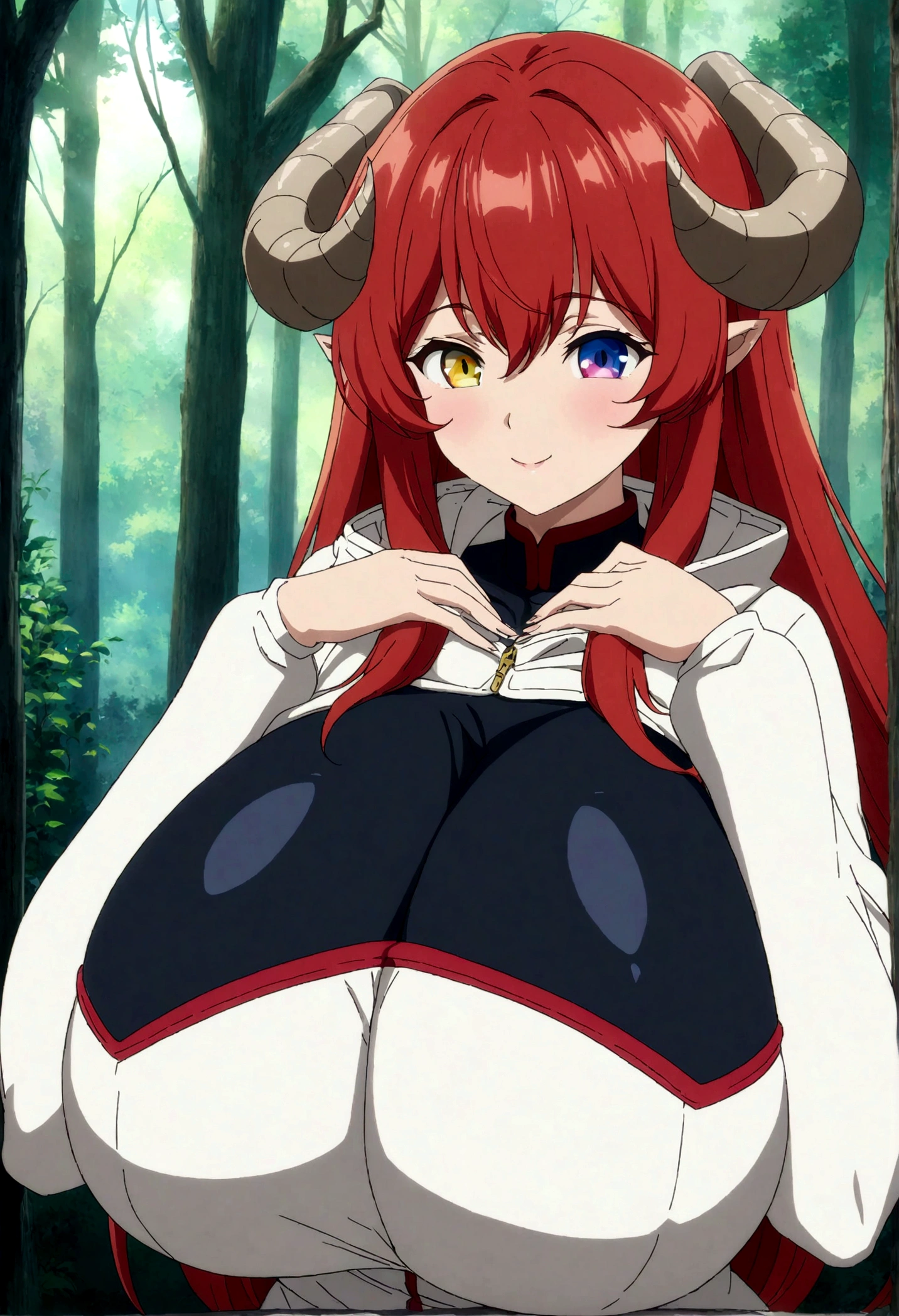 (masterpiece, best quality:1.2) best quality, girl design, portrait, giesha, anime image, long hair, red hair, sweet and happy look, heterochromia eyes, hair covering horns, demon horns, erect nipples , blue short jeans, white Windbreaker jacket, hands on chest, round thick giant breasts, ((huge breasts)), ((large breasts)), ((enormus breasts)), in a forest, anime style, full body, masterpiece, highres
