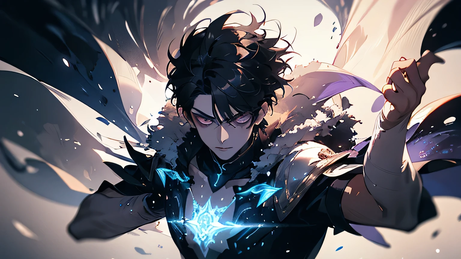 Painting representing the essence of magic, depicting a black-haired guy with violet eyes immersed in a cascade of magical energy, with glowing particles dancing around him, hair short, masterpiece, best quality, ultra detailed, illustration, concept art resolution 8k, fantasy, epic art, concept art wallpaper 4k, deep color, natural lighting